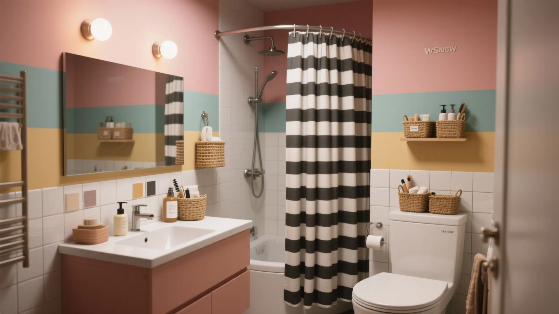 Studio bathroom with color-blocked vanity, striped shower curtain and coordinated accessories creating distinct mini-zones.