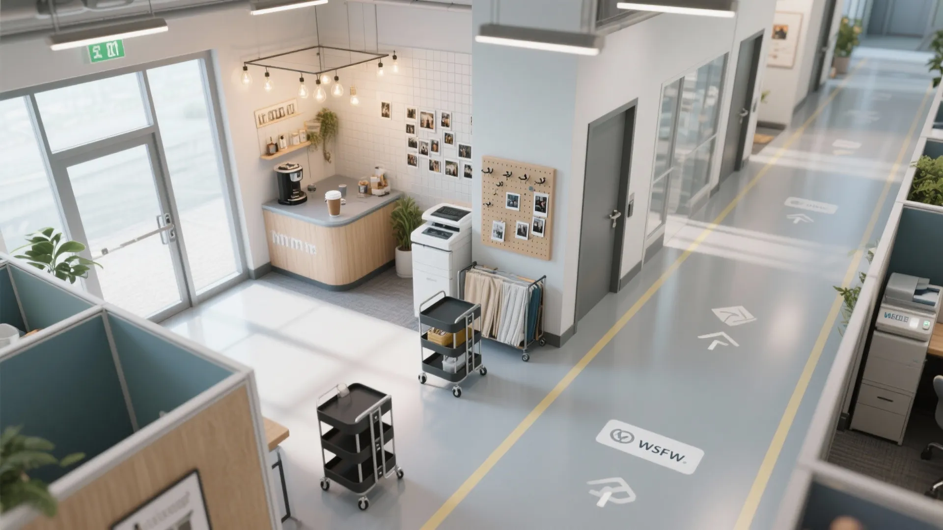 Top view of office corridor with coffee corner, printer station, storage carts, and floor markings