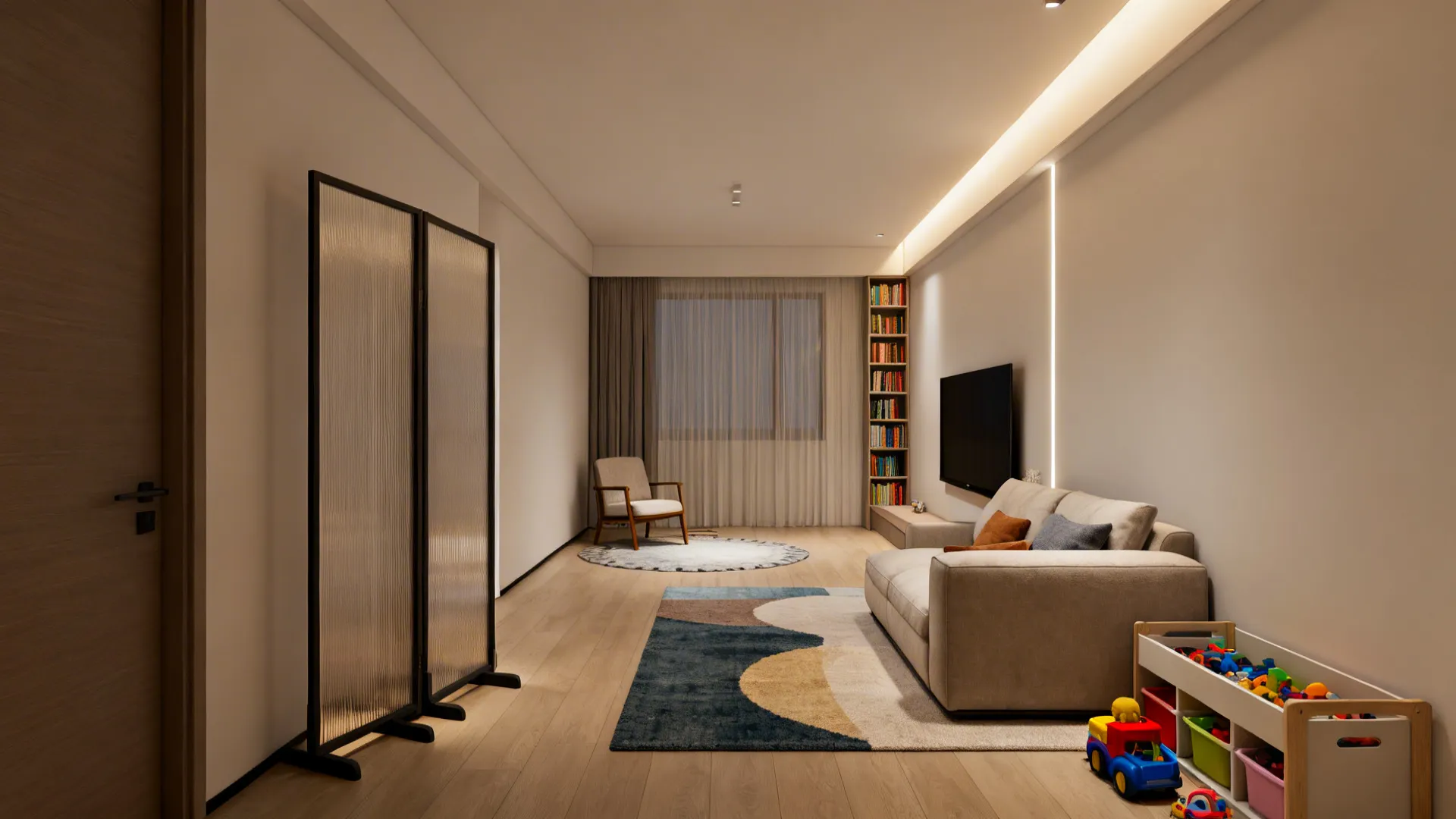 Long narrow living room divided into a TV area and a reading corner with rugs and layered lighting