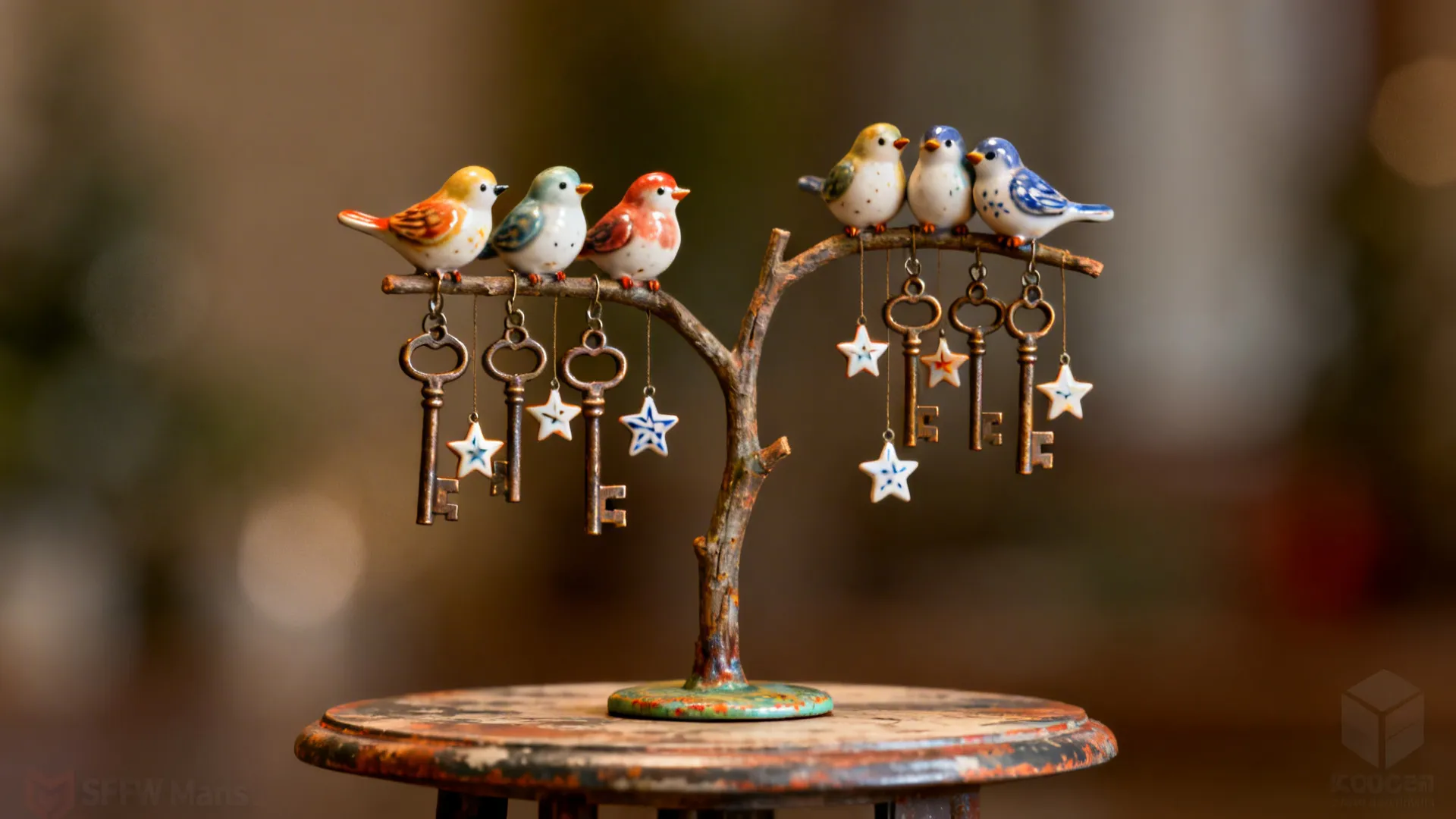 Cluster of miniature vintage ornaments on a small Christmas tree branch