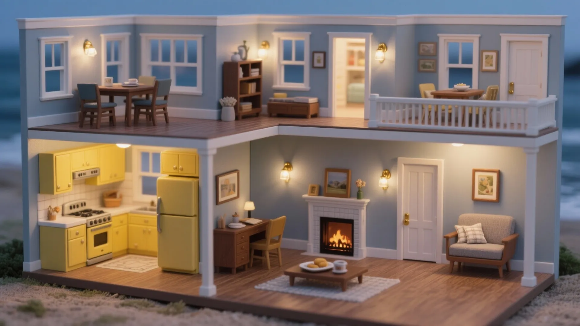 Two story miniature dollhouse with yellow kitchen fireplace living room and blue walls wood flooring