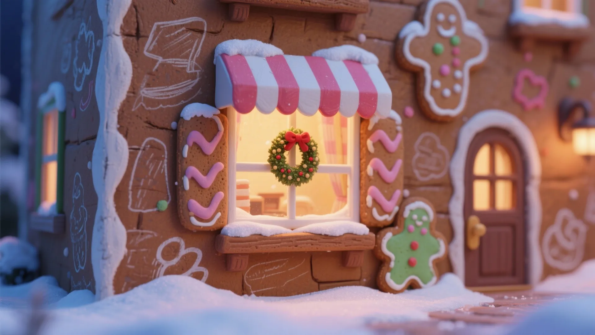 Close up of gingerbread house window with pink striped curtain and a green Christmas wreath