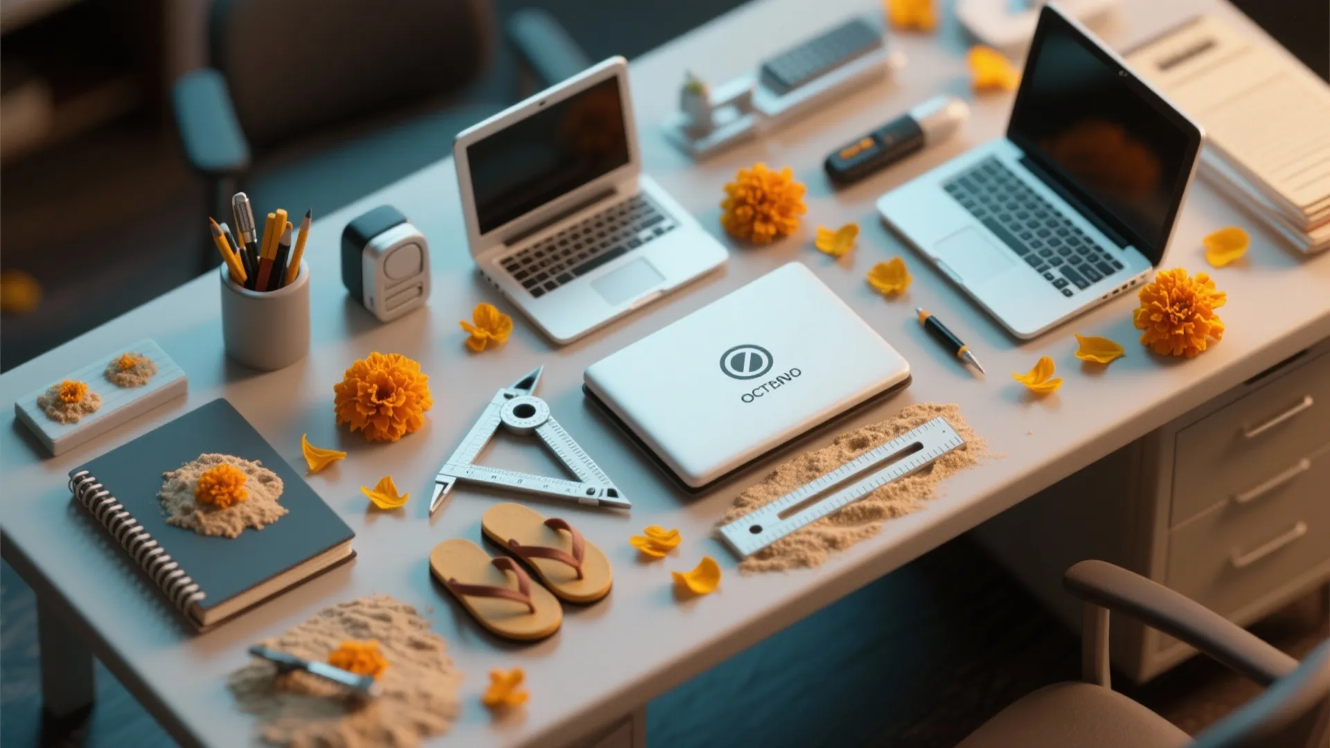 Office desk with laptop notebooks pens ruler orange flowers and small sandals in bright light