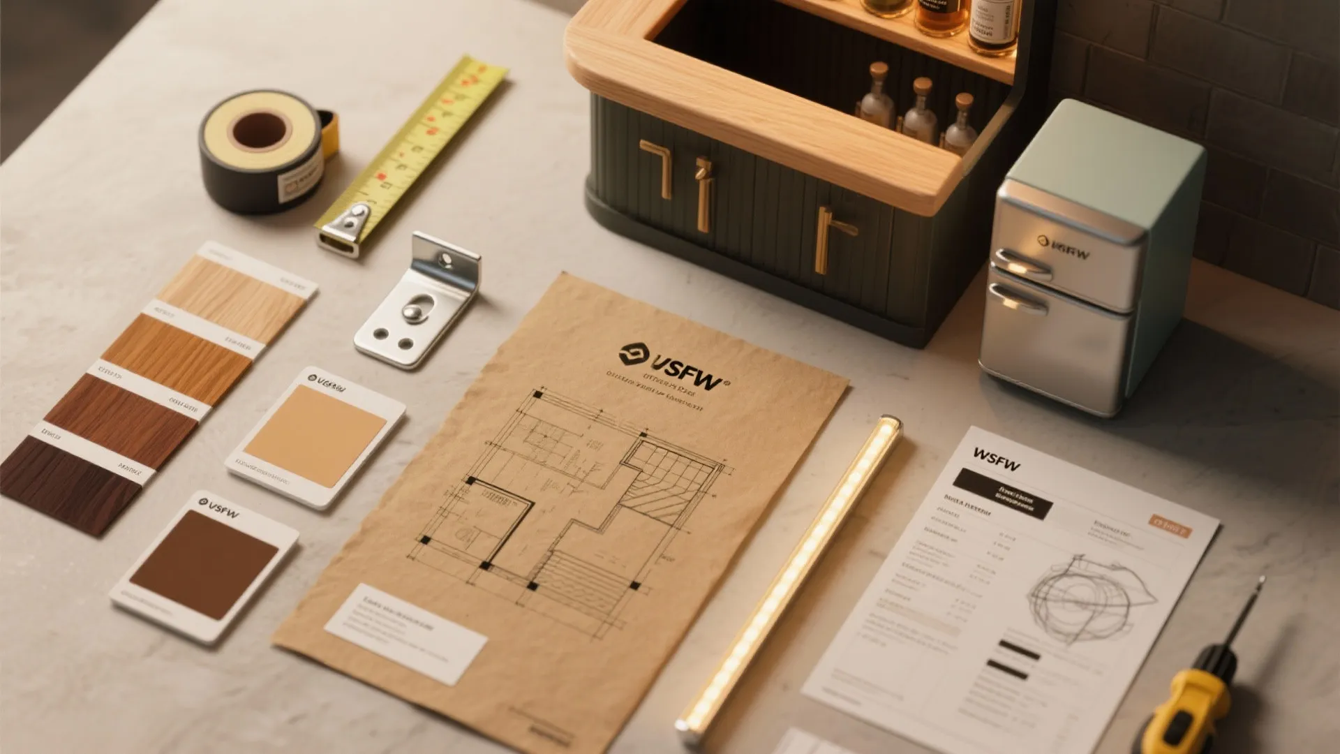 Interior design drawing with color samples measuring tape small fridge model and tools on white table