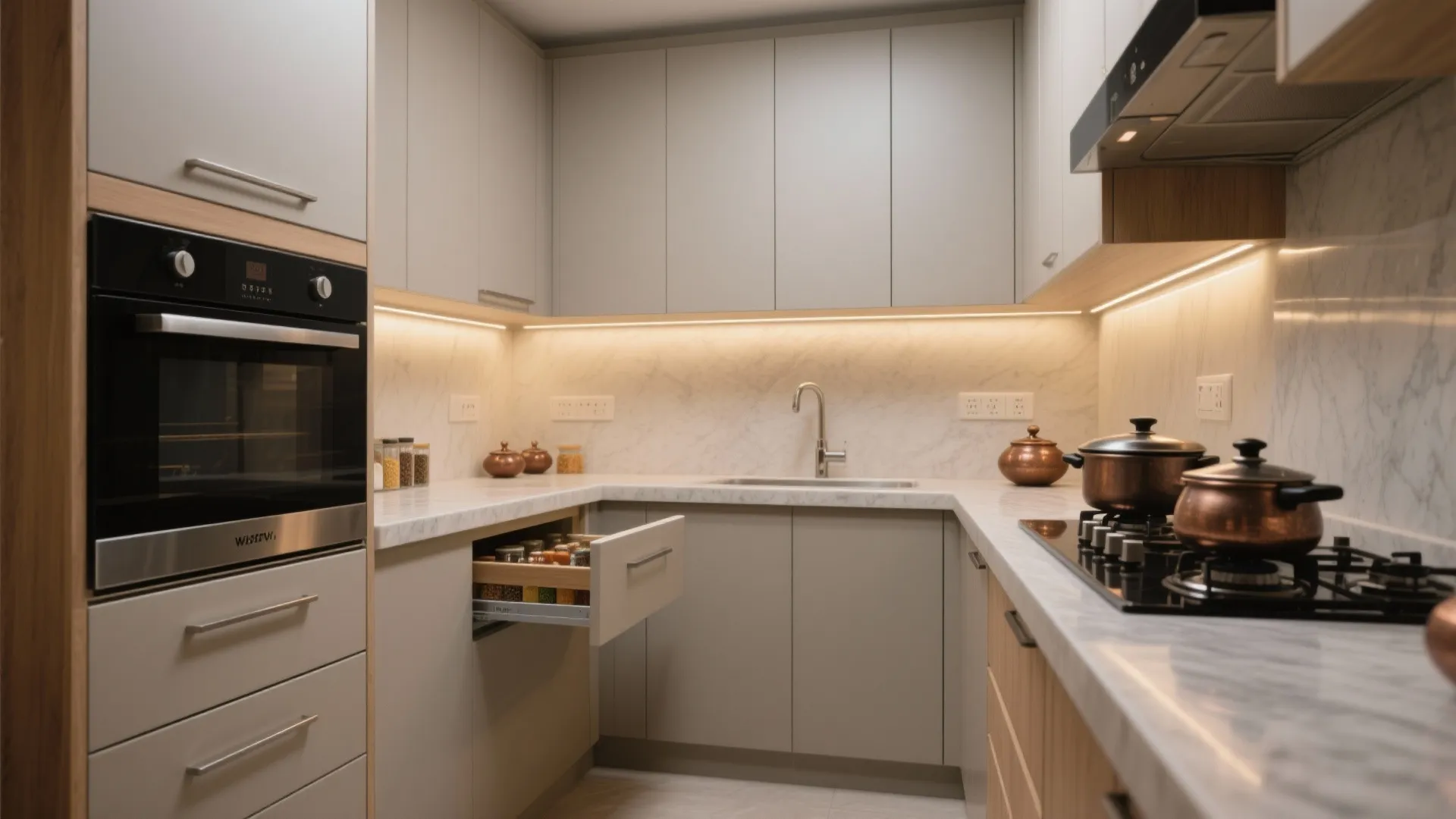 Minimalist kitchen storage that suits a 2 BHK