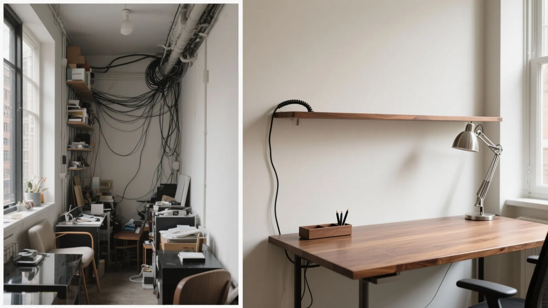 Before and after comparison of a messy cluttered office versus a clean organized wooden desk