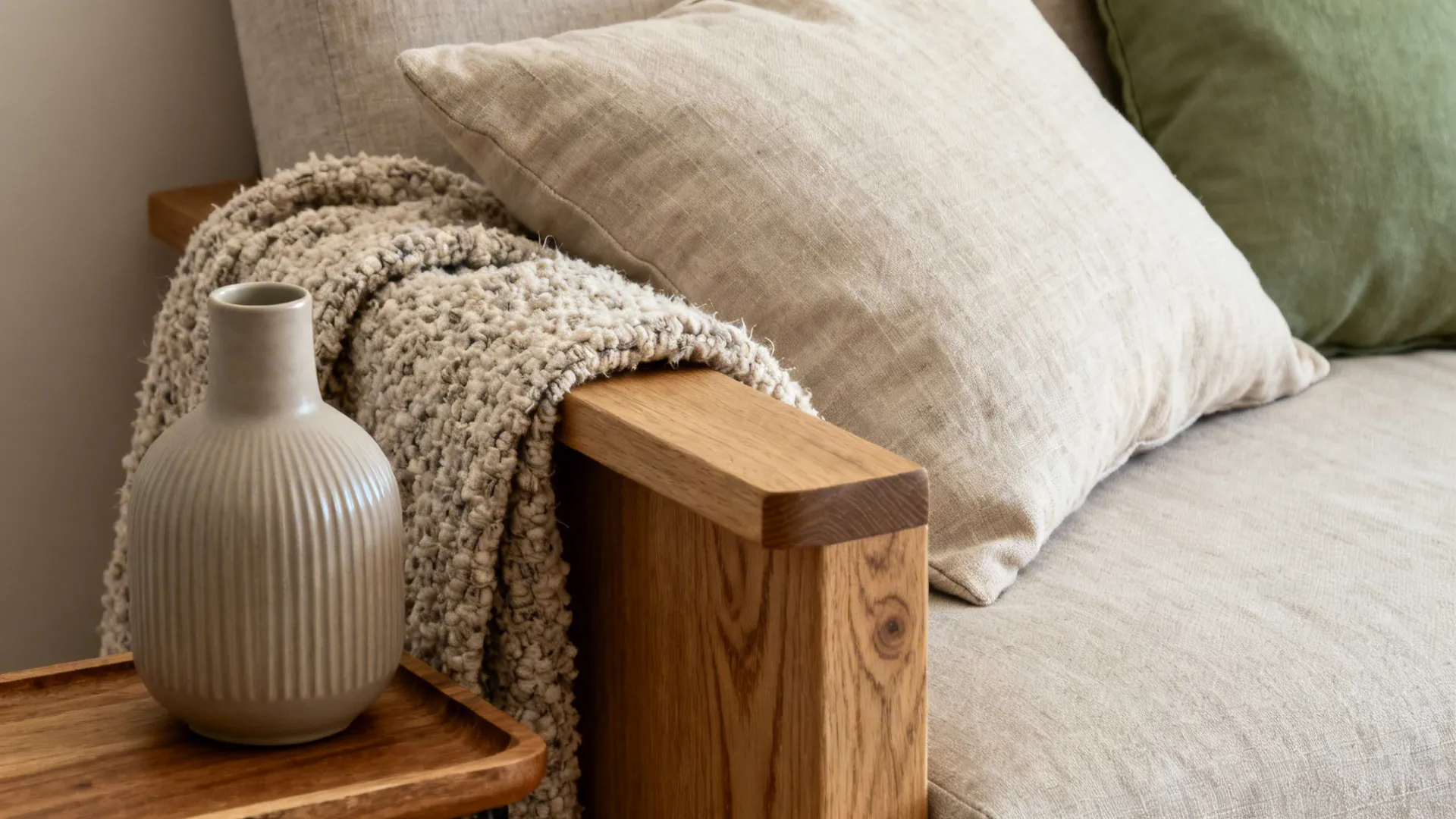 Macro of linen pillows, bouclé throw, and a ribbed ceramic vase on a wooden tray in a cozy corner.