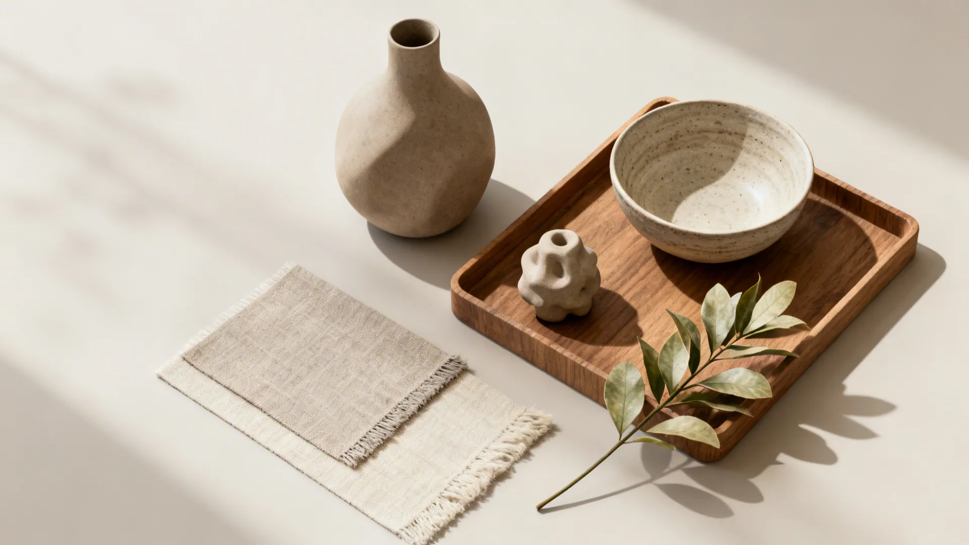 Flatlay of three curated decorative objects and neutral textile swatches.