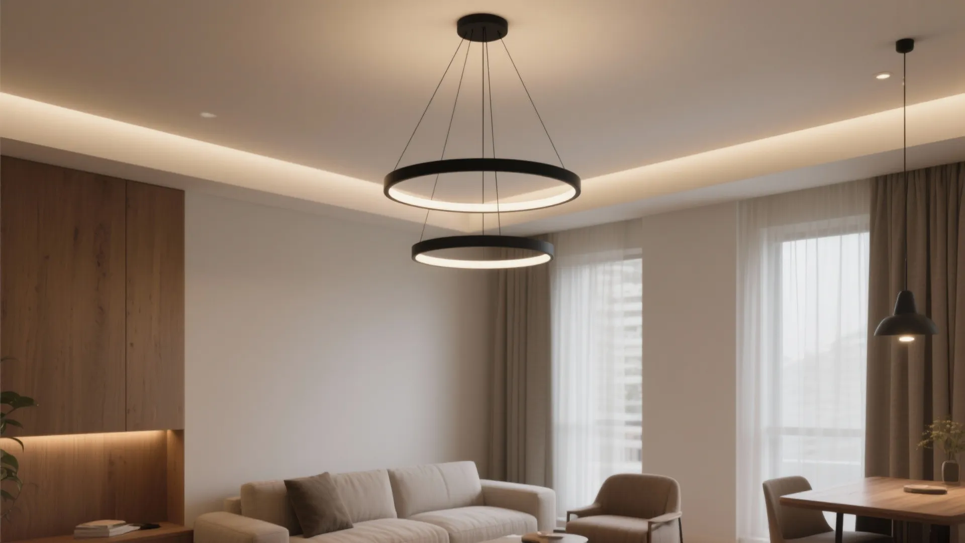 Minimalist dual-ring chandelier with slim drop in a small living room with low ceiling.