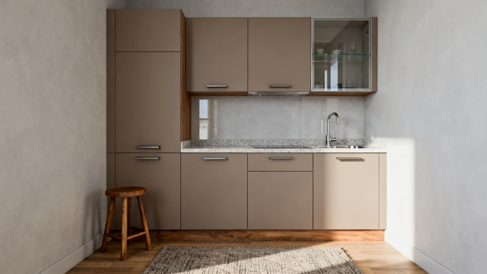 Minimalist slab-door almirah cabinets in a small kitchen with clear countertops and warm accents.