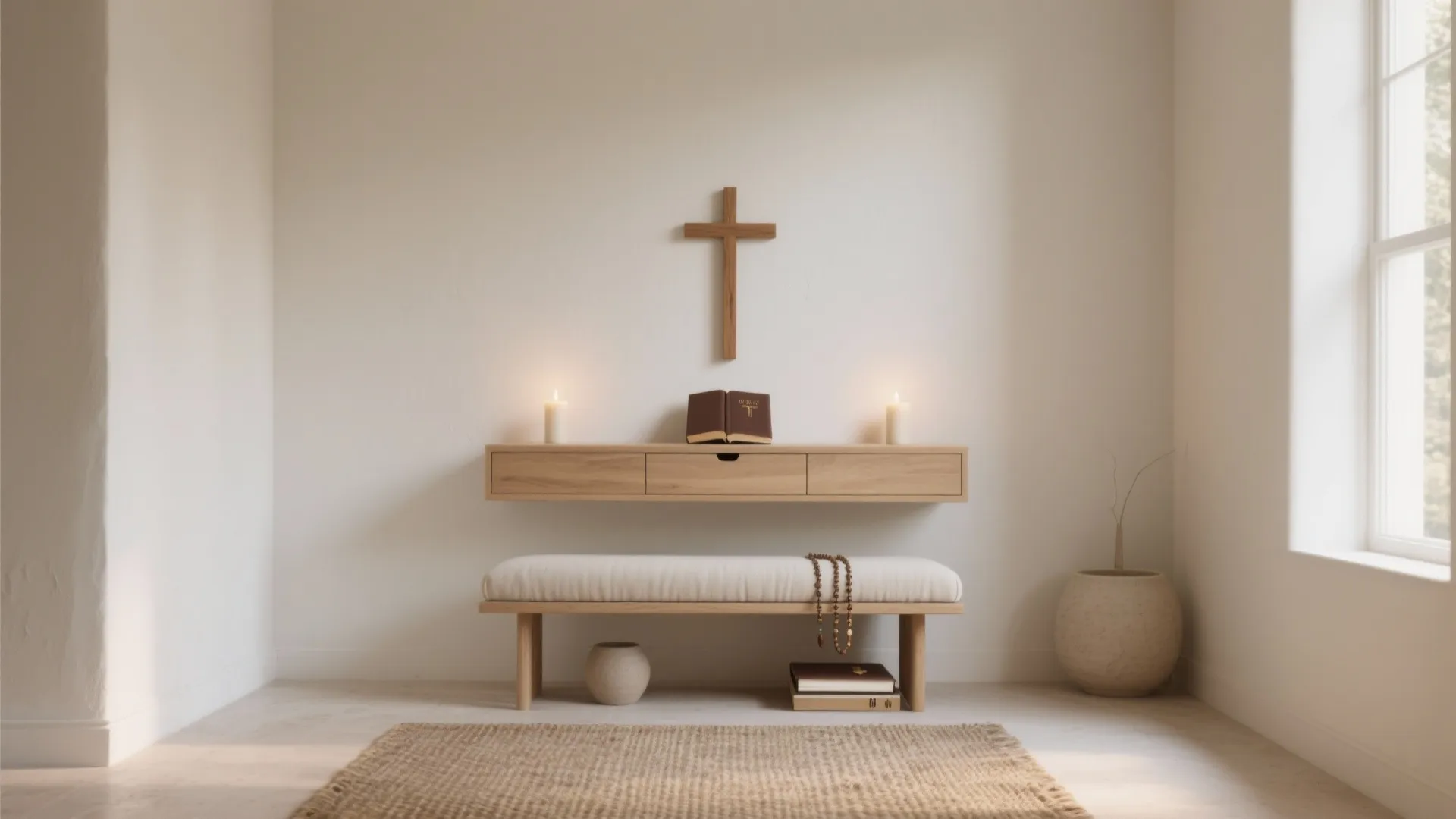 Minimalist prayer room with wooden cross on wall, floating wooden cabinet, candles, bench, and floor rug