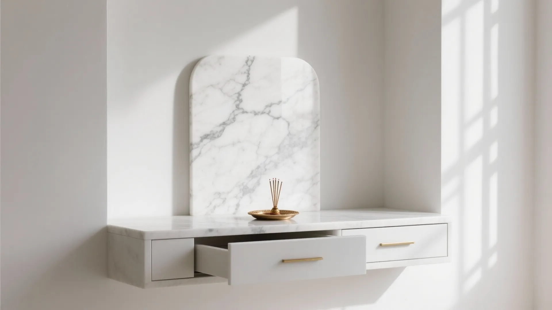 Minimalist white marble wall desk with an open drawer and a small gold incense bowl