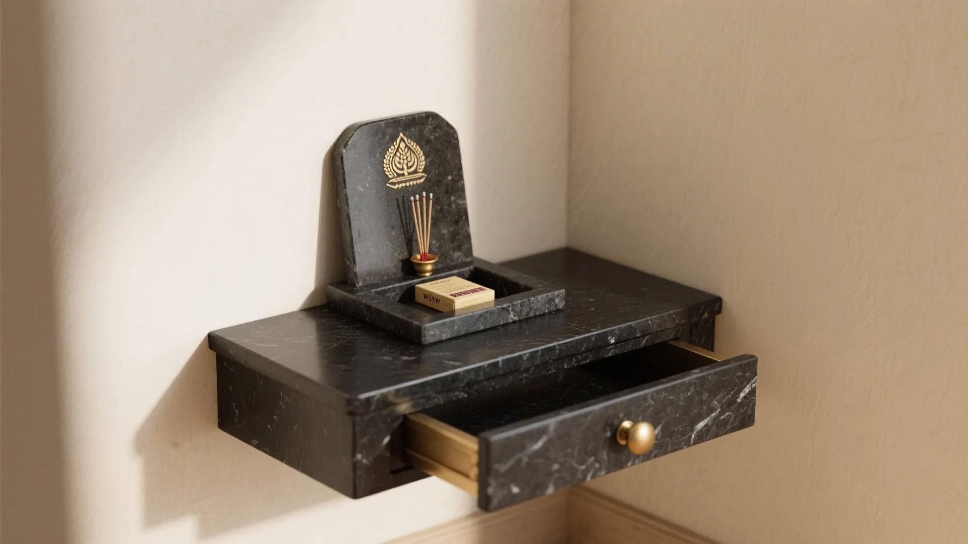 Wall mounted black marble shelf with small open drawer holding incense sticks and matches in corner