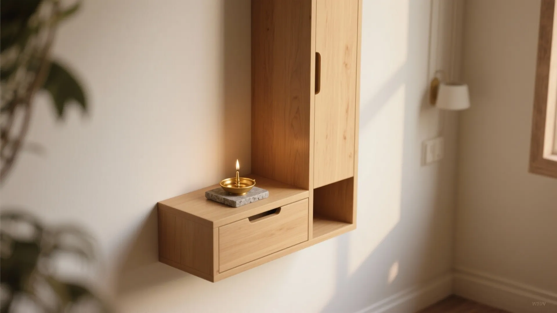 Minimal plywood altar with hidden storage