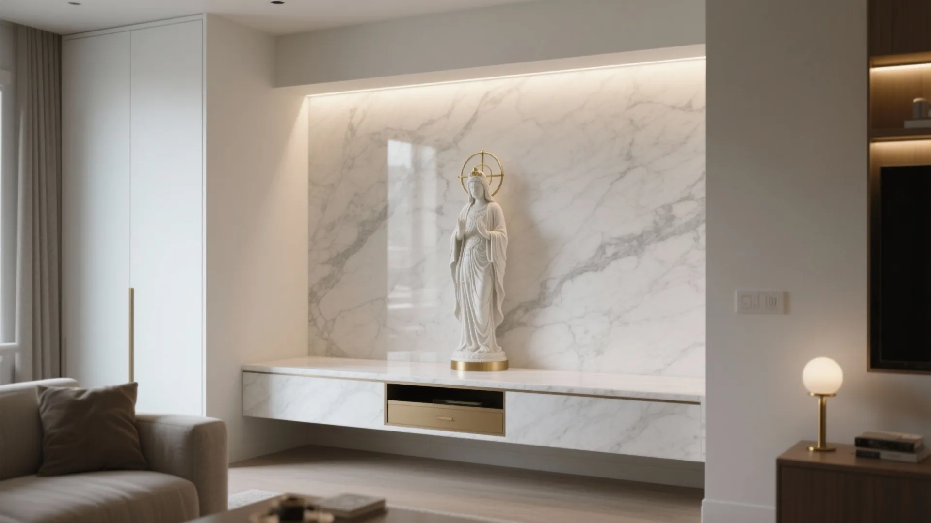 Minimalist white marble altar with concealed storage