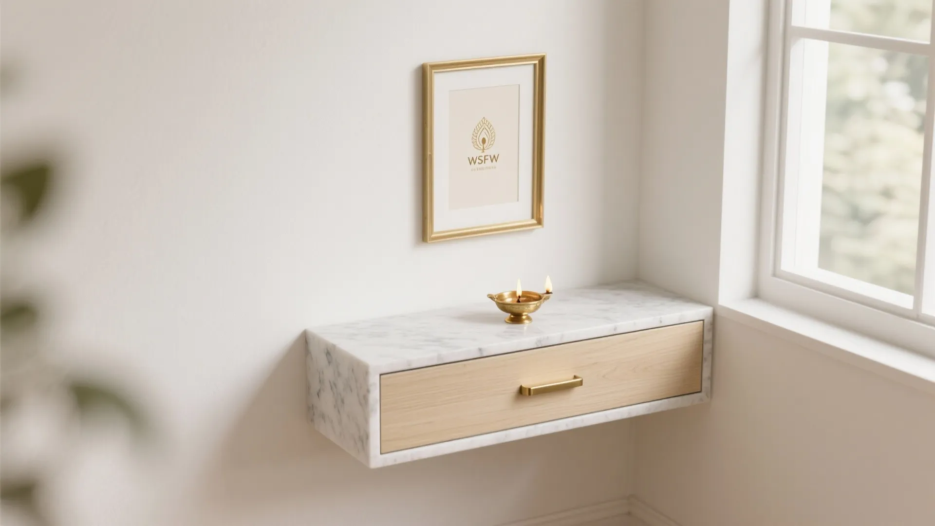 Minimal wall-mounted pooja unit with floating stone shelf and slim brass-handled drawer in a sunlit corner.