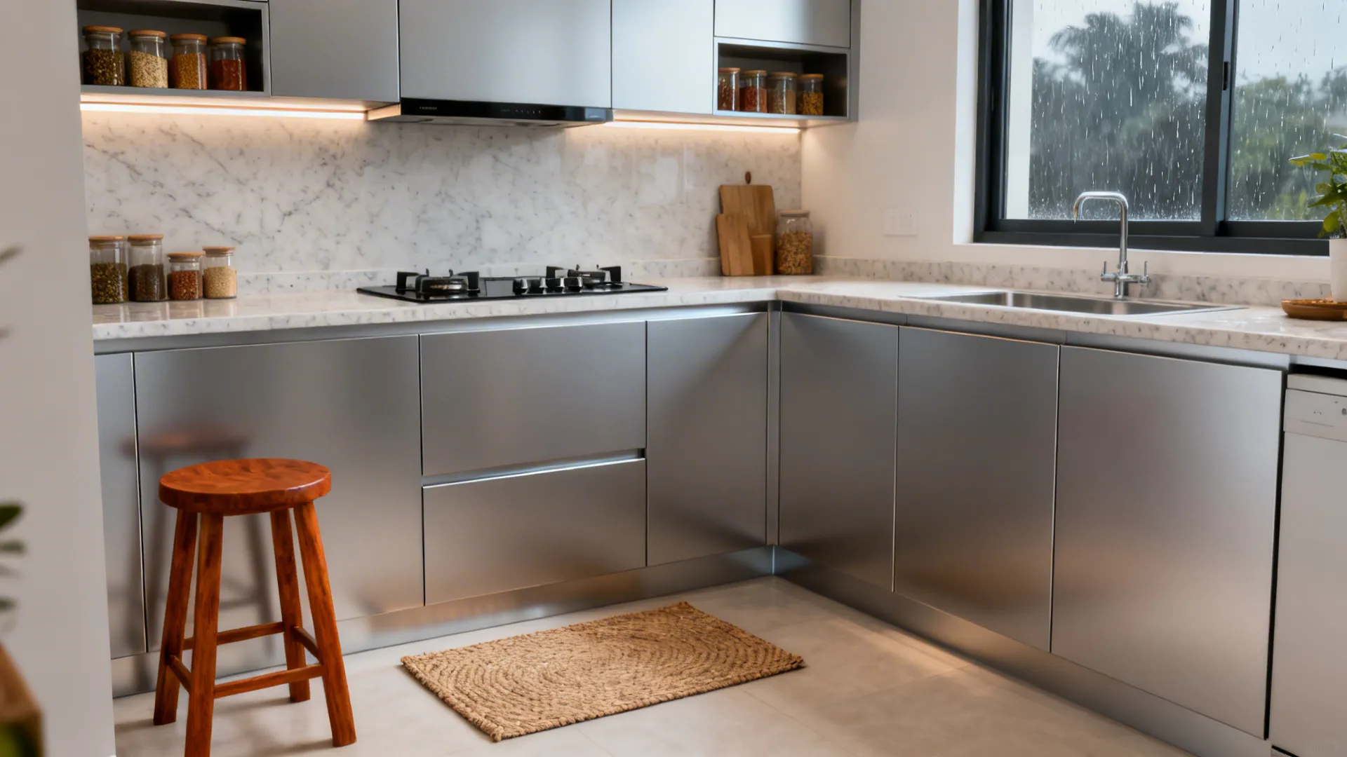 Minimalist compact kitchen with handleless matte aluminium cabinets and quartz countertop.