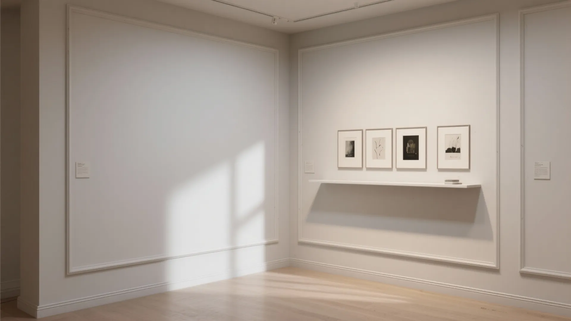Minimalist white room with wall panel details a floating shelf and four small framed pictures