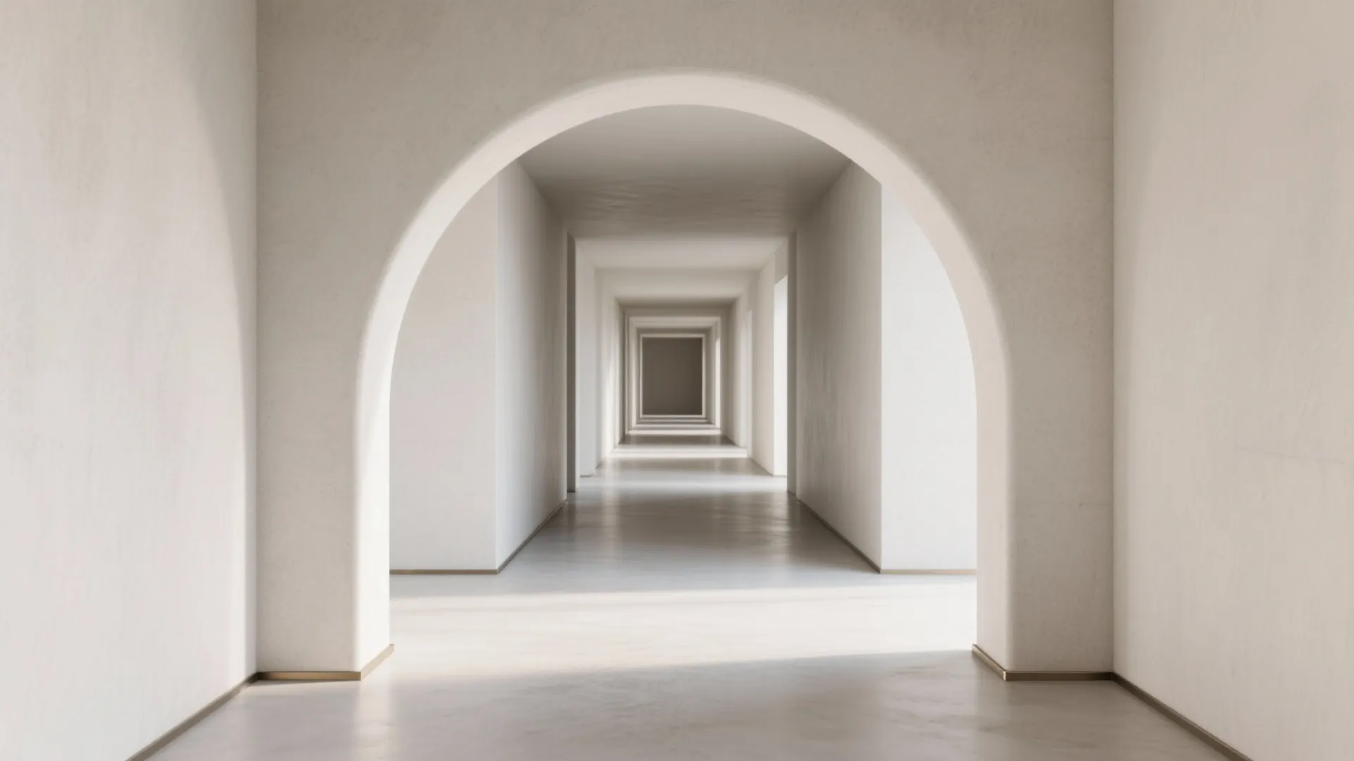 Interior design drawing of a long white corridor with multiple repeated arches and natural light