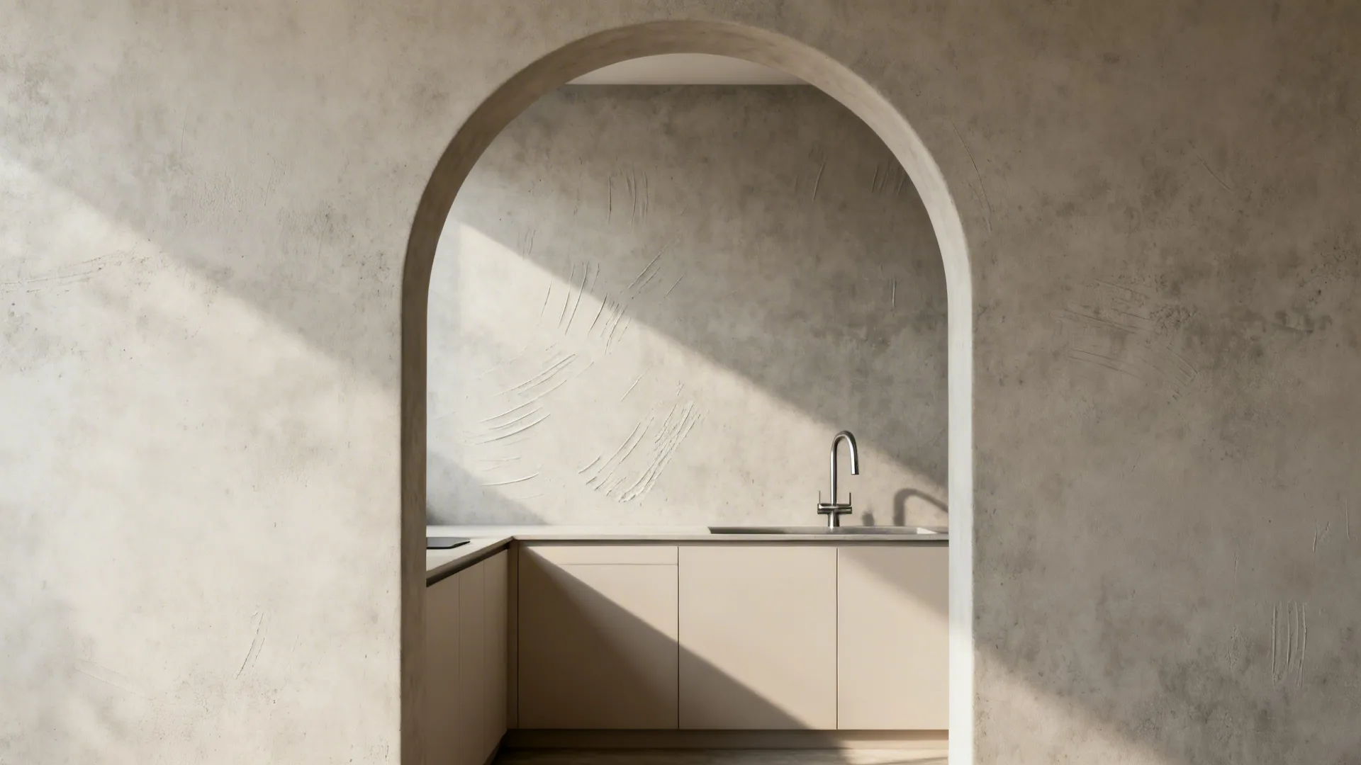 Minimal arch opening framing a compact kitchen with a matte microcement backsplash.