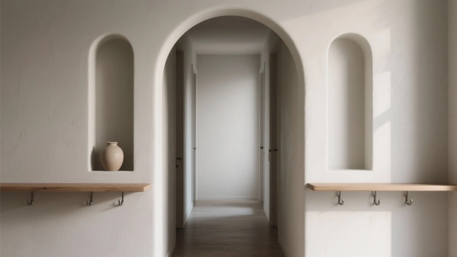Slim POP arch with recessed niches in a compact modern hallway.