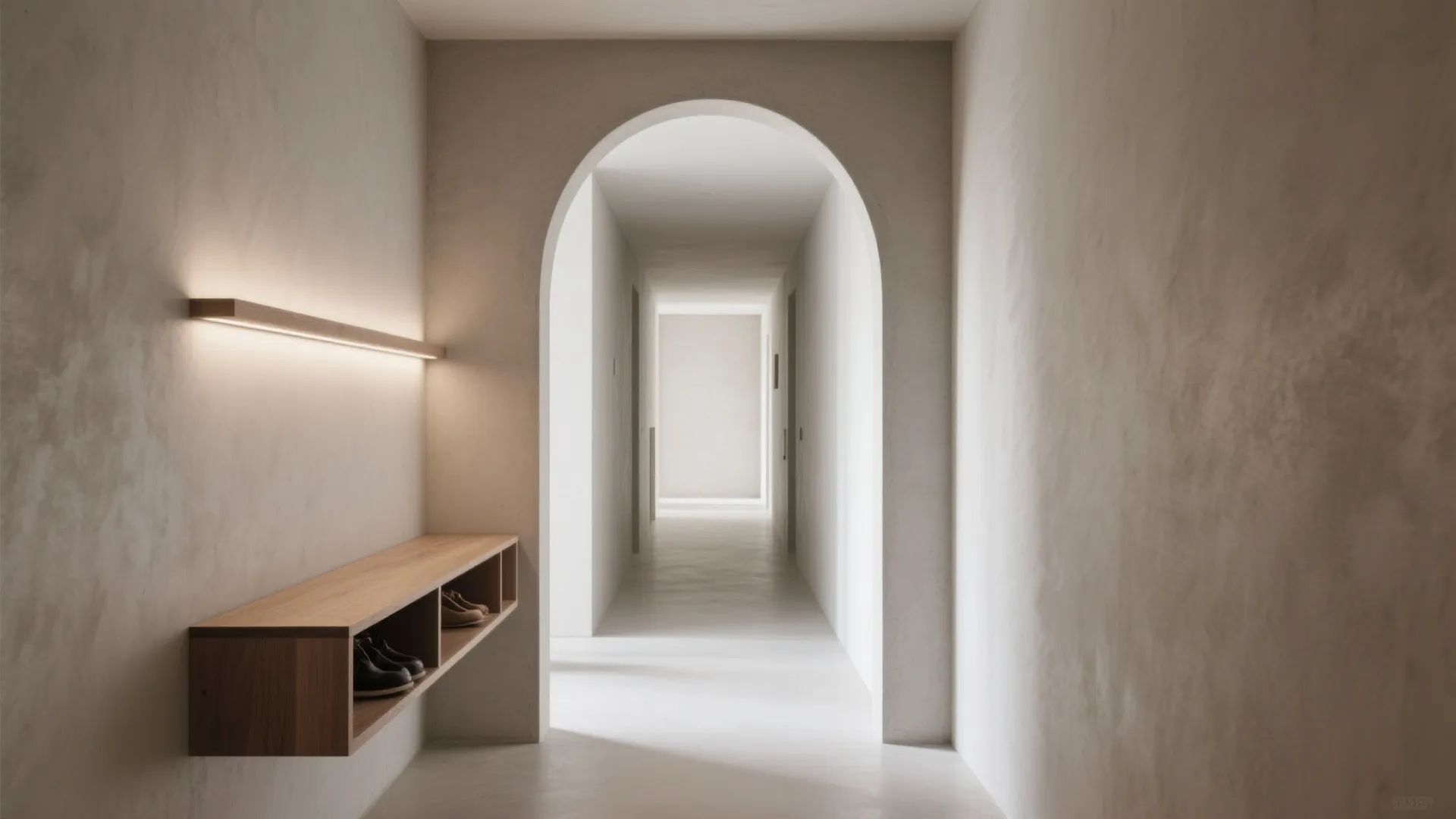Minimalist hallway with arched doorway wooden cabinet wall light fixture and clean white interior design