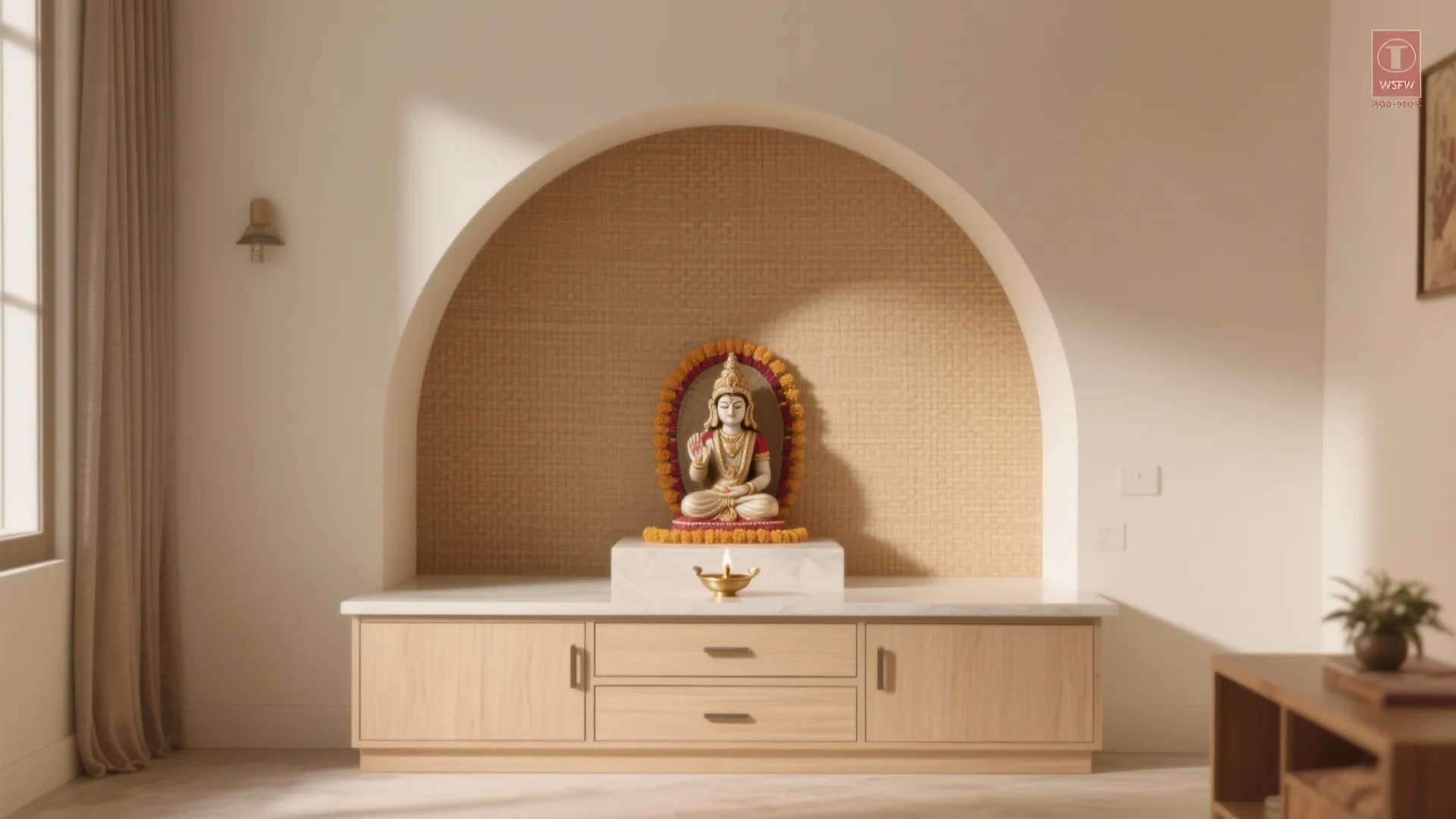 Modern prayer room design with an arched wall niche wooden cabinet and small buddha statue