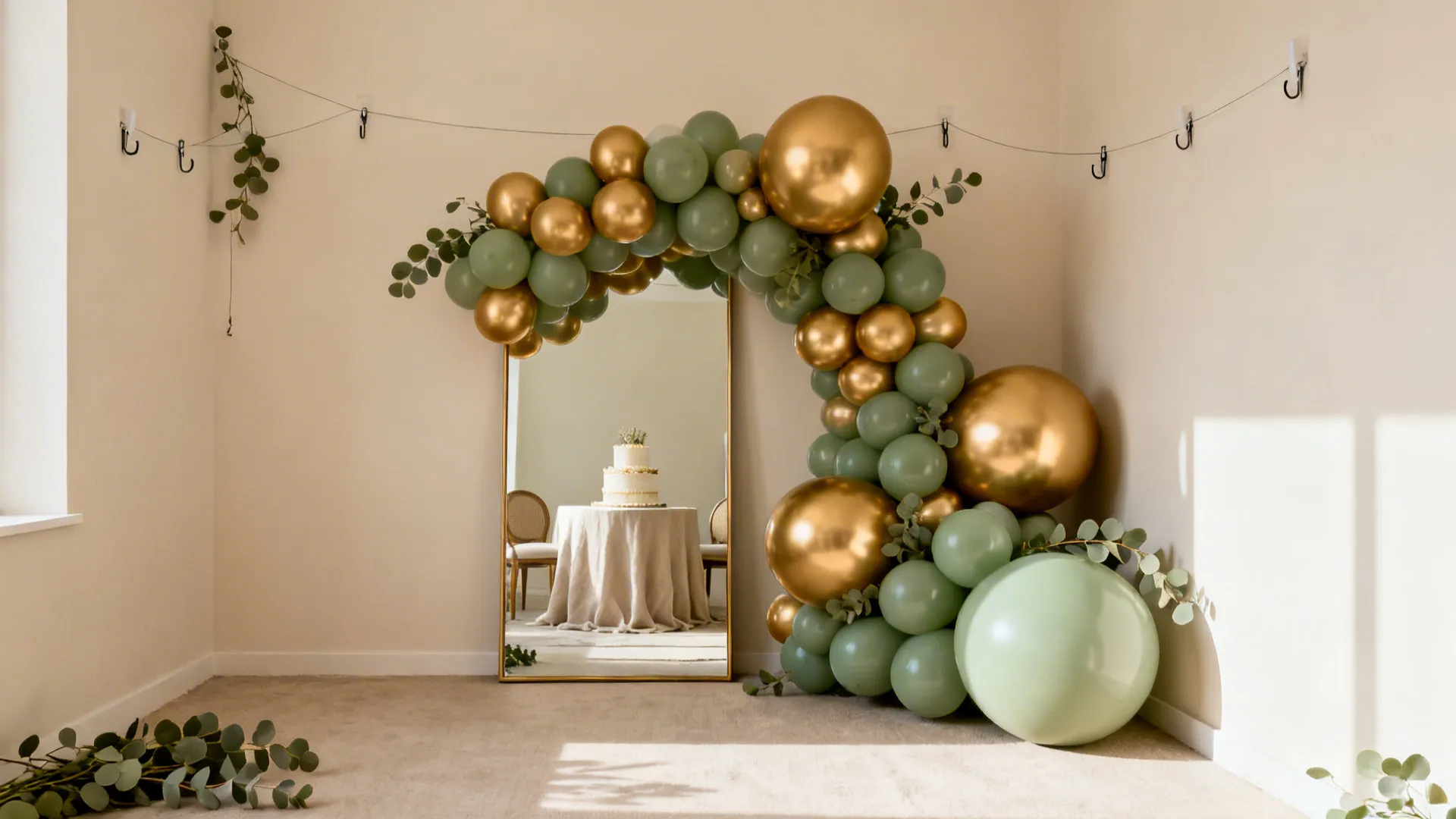 Asymmetrical balloon arch in a small studio corner with beige, sage, and gold accents framing a cake table.