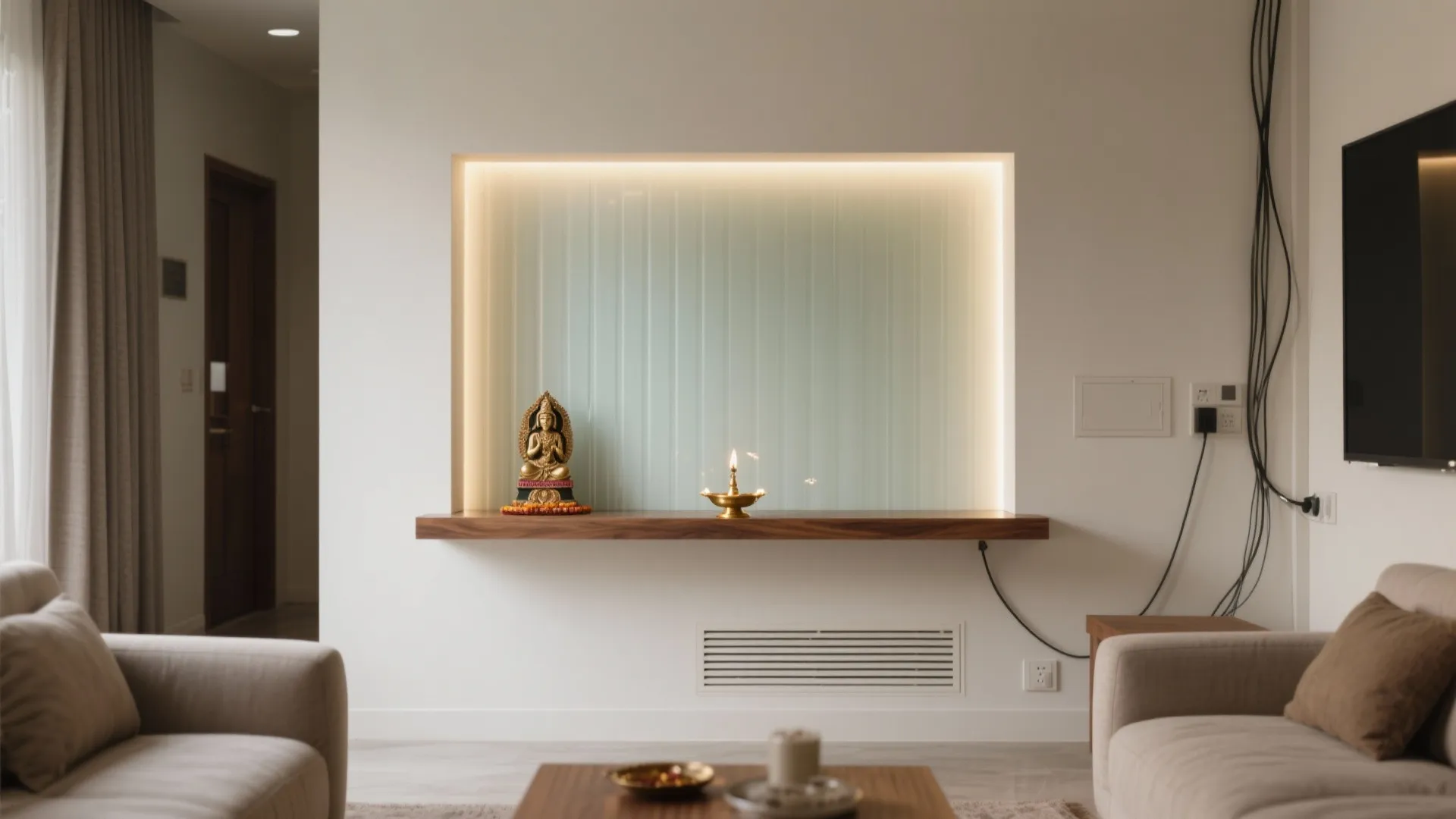 1) Minimalist pooja niche with backlit panel