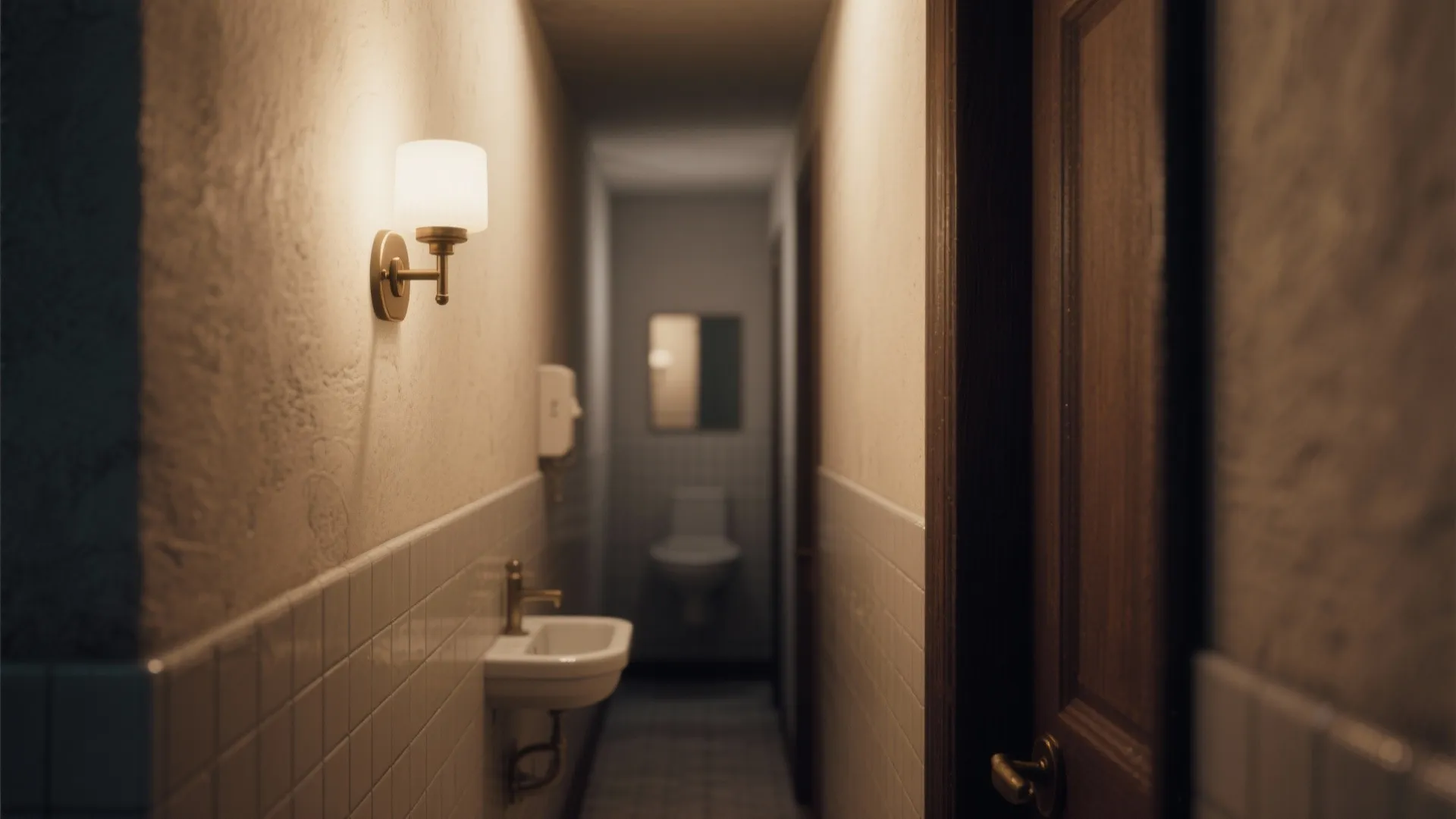 Narrow bathroom hallway featuring a glowing wall light white small sink and a wooden door handle