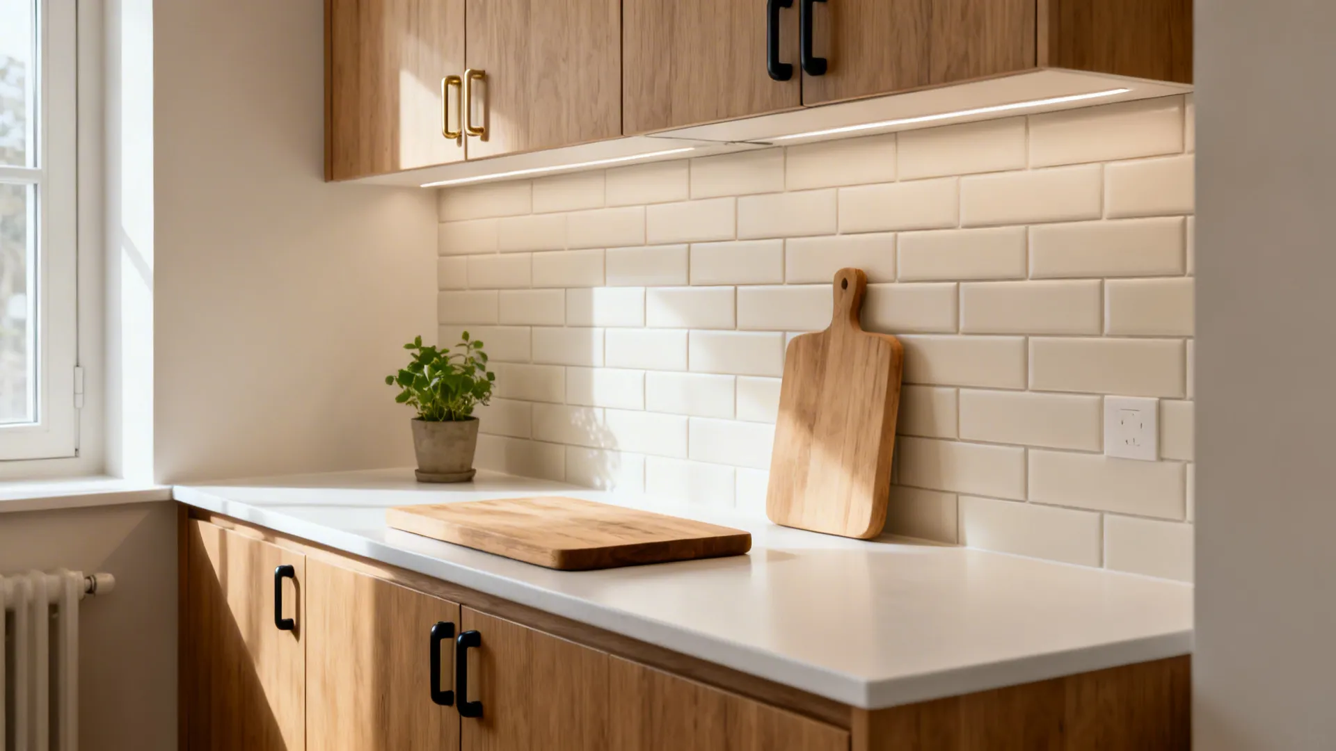 Matte off-white stacked subway tile backsplash with oak cabinets in a compact kitchen.