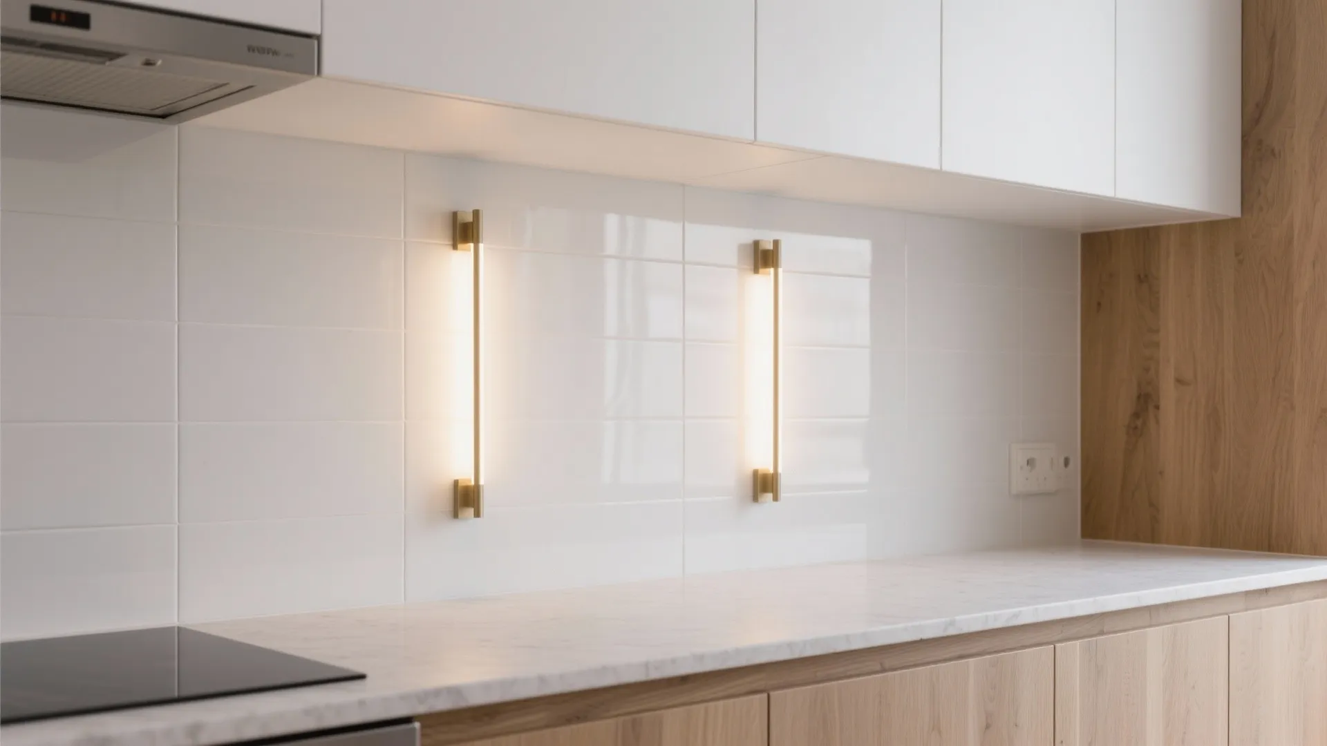 1) Minimal vertical sconces along the backsplash