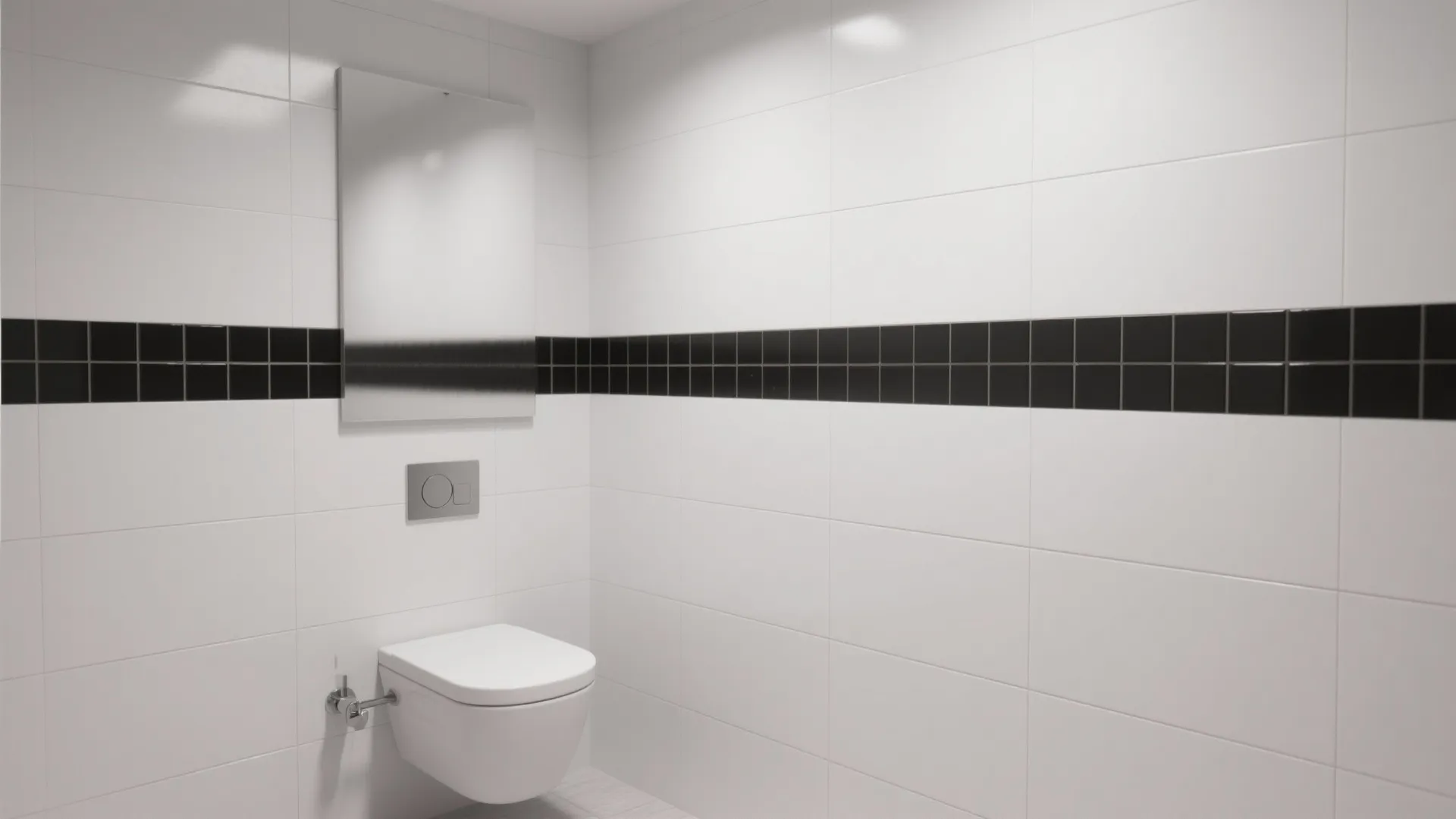 Modern bathroom wall with black tile band across white wall
