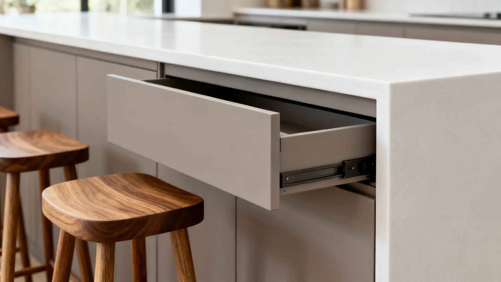 Macro detail of a minimalist breakfast bar with push-to-open drawers and a matte waterfall edge.