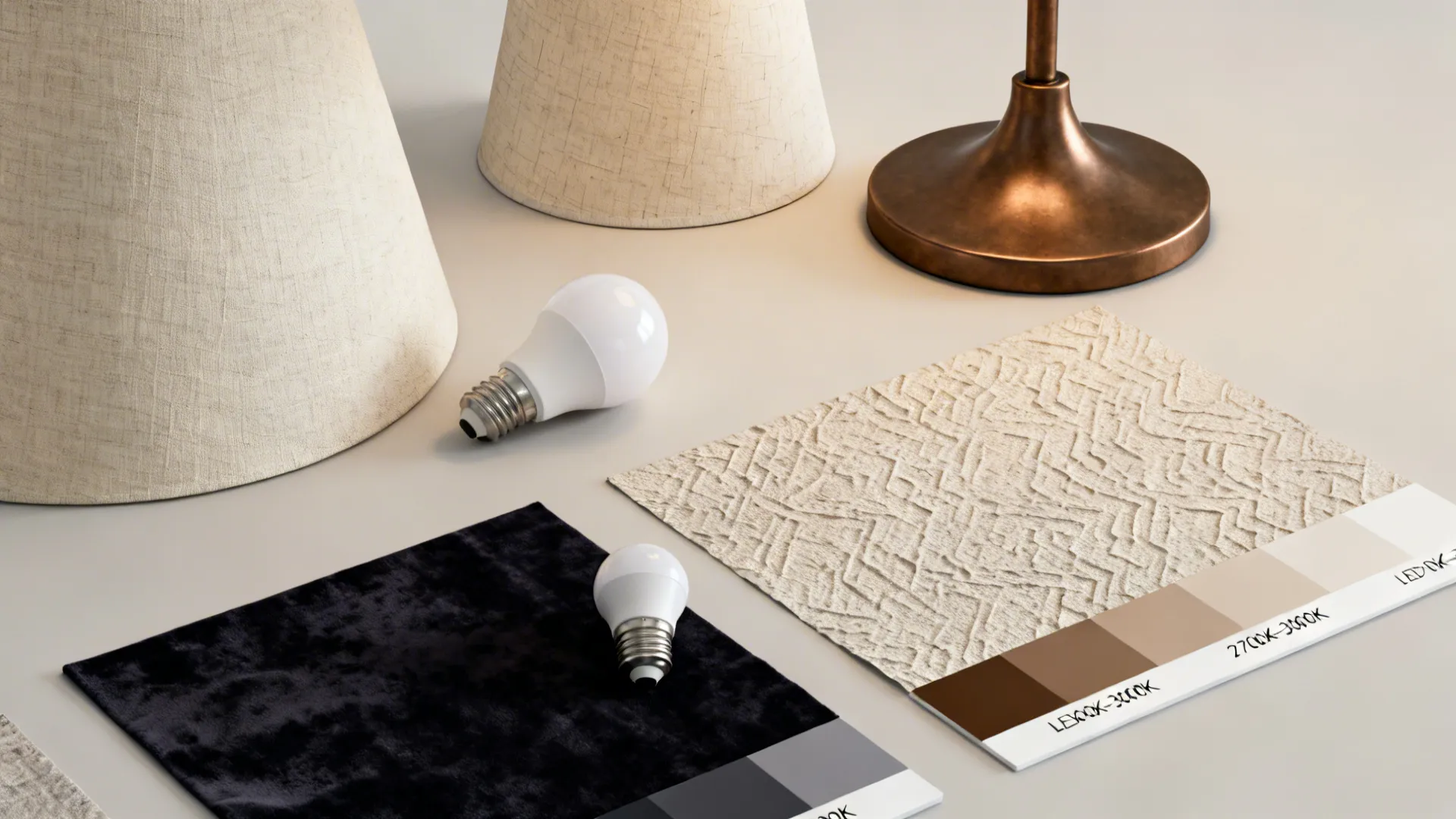 Flatlay of minimal bronze base with textured shade samples and LED bulb color samples.