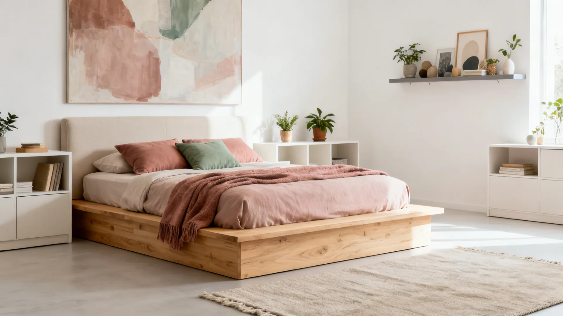 Minimal neutral teen bedroom with bold abstract art and layered textiles.