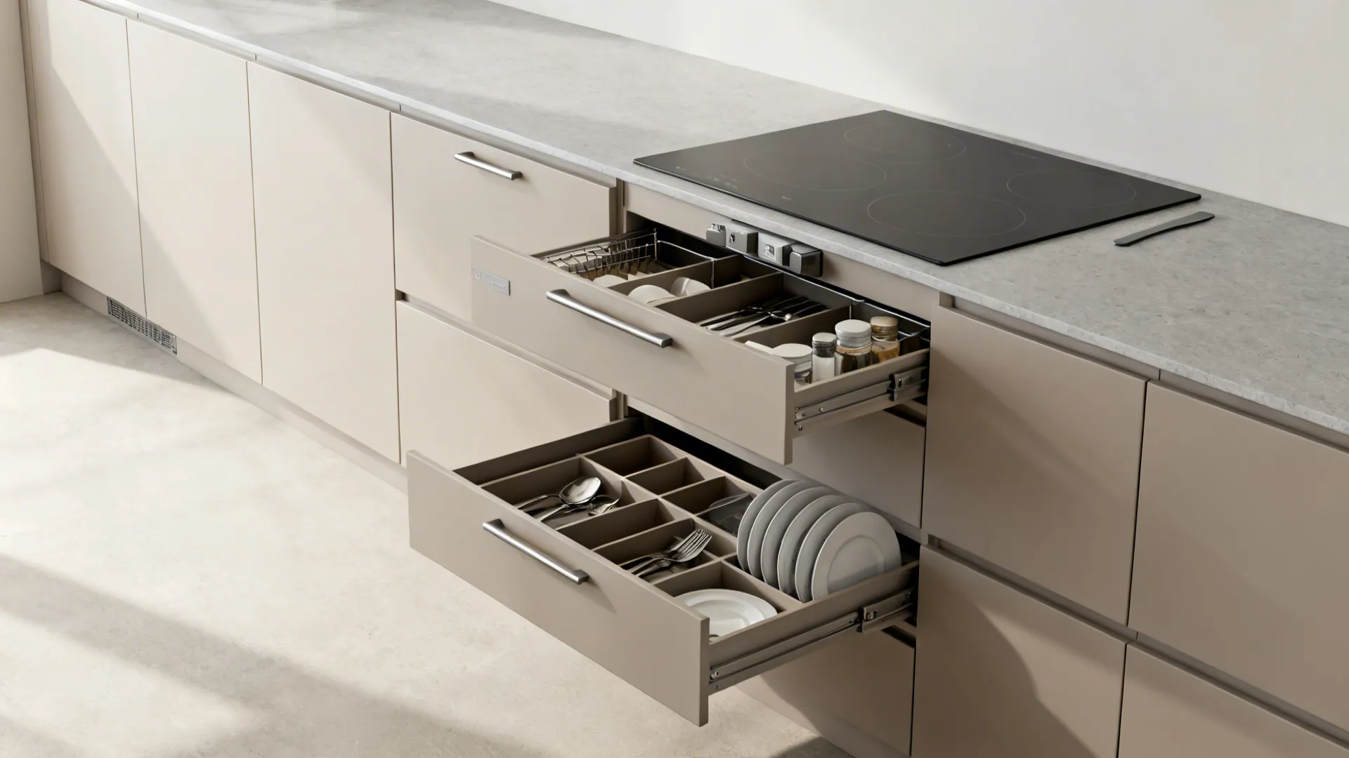 Minimalist base cabinets with matte fronts, toe-kick drawer, and spice pull-out for small kitchens.