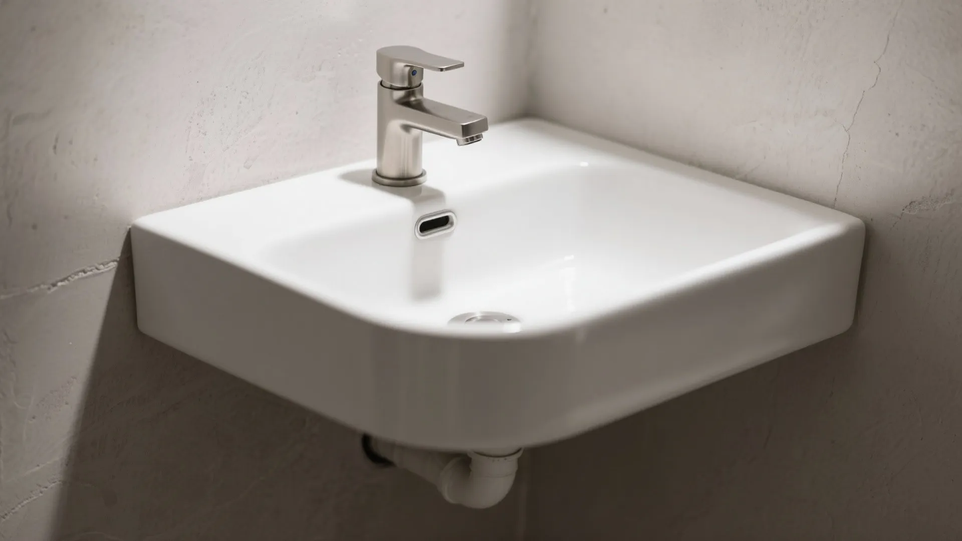 Close up view of a white wall mounted bathroom washbasin with a single silver faucet