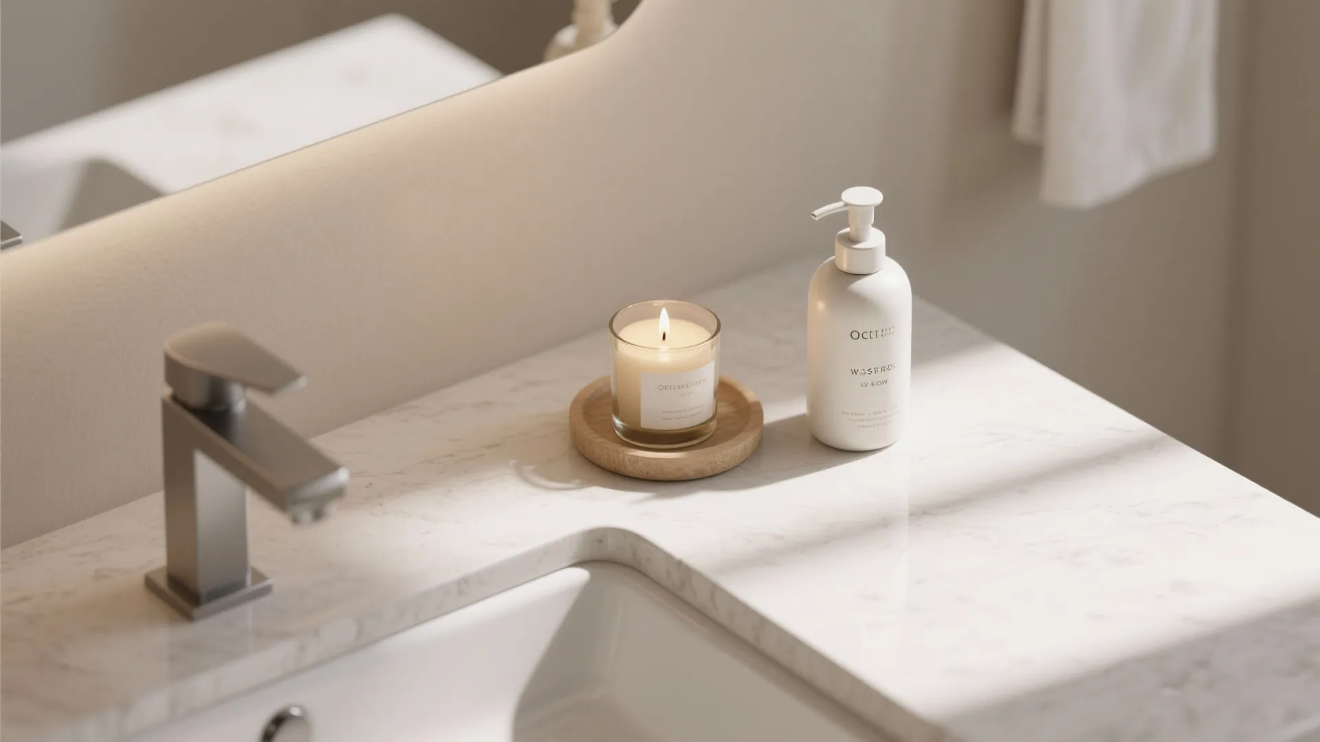Modern white bathroom counter with a lit candle on wood tray and white soap bottle