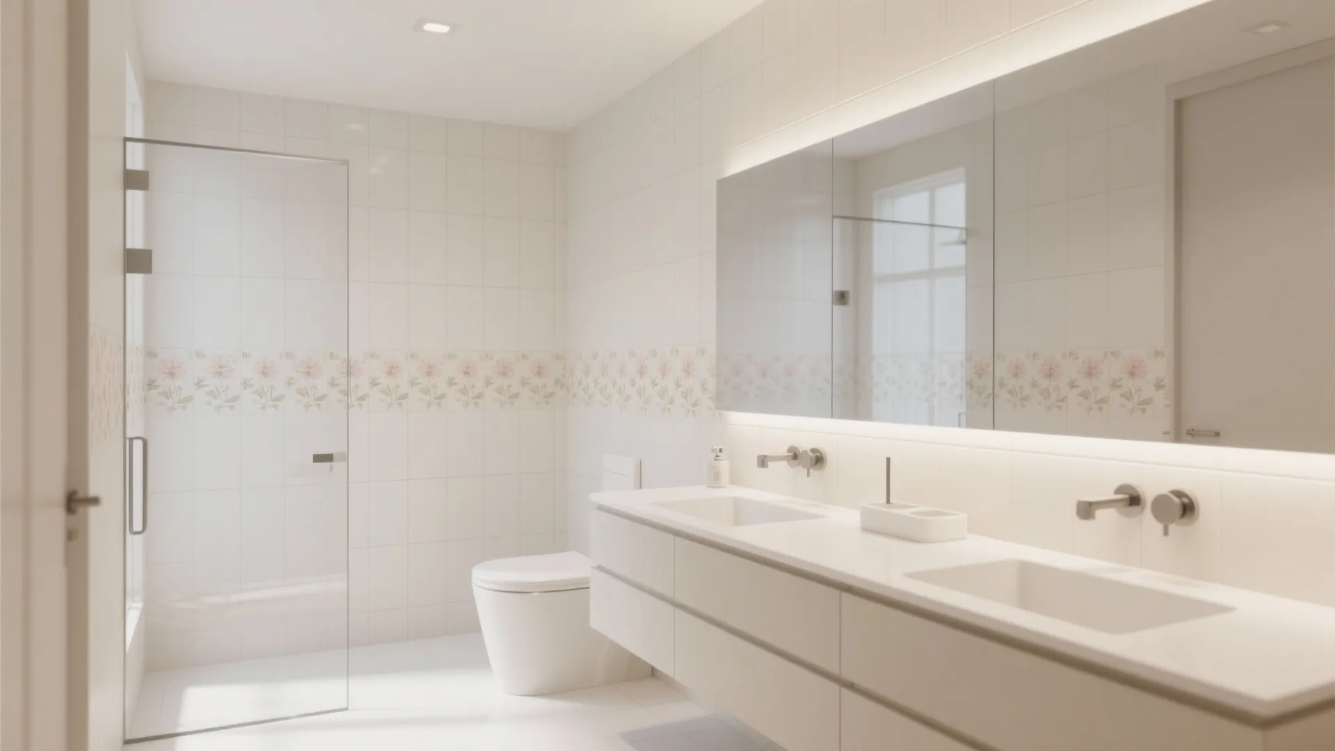 Modern white bathroom with double sink vanity large mirror glass shower door and floral wall tiles