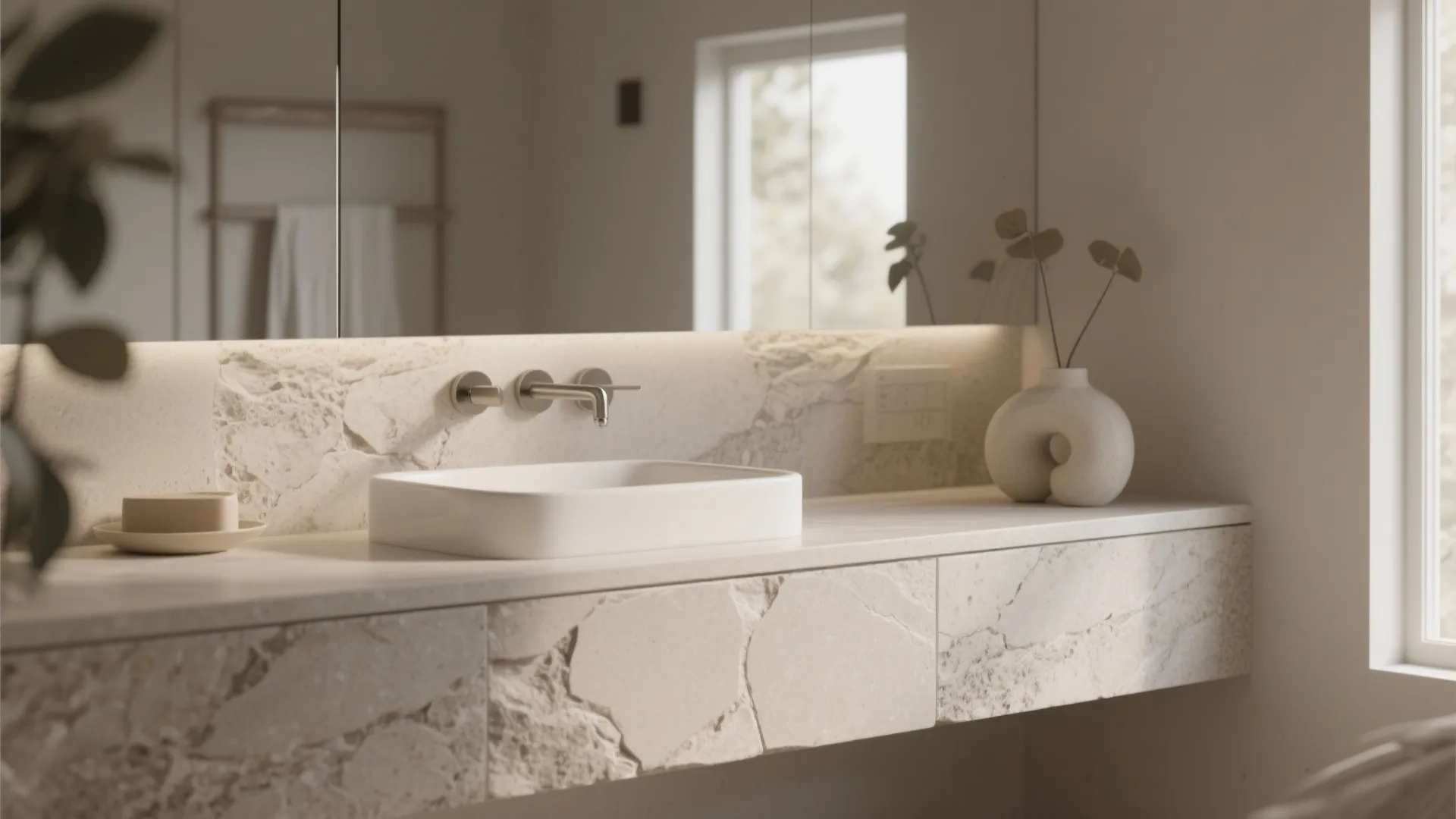 Minimalist white bathroom sink on a stone counter with a large mirror and natural light