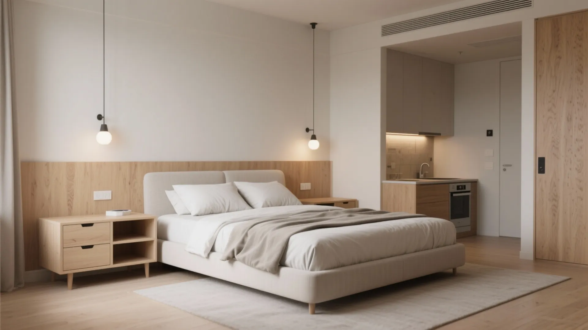 5. Minimalist queen or full bed with clever nightstands