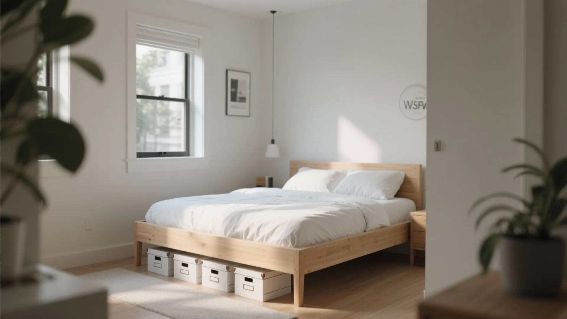 Low-profile queen bed with storage boxes underneath in small room