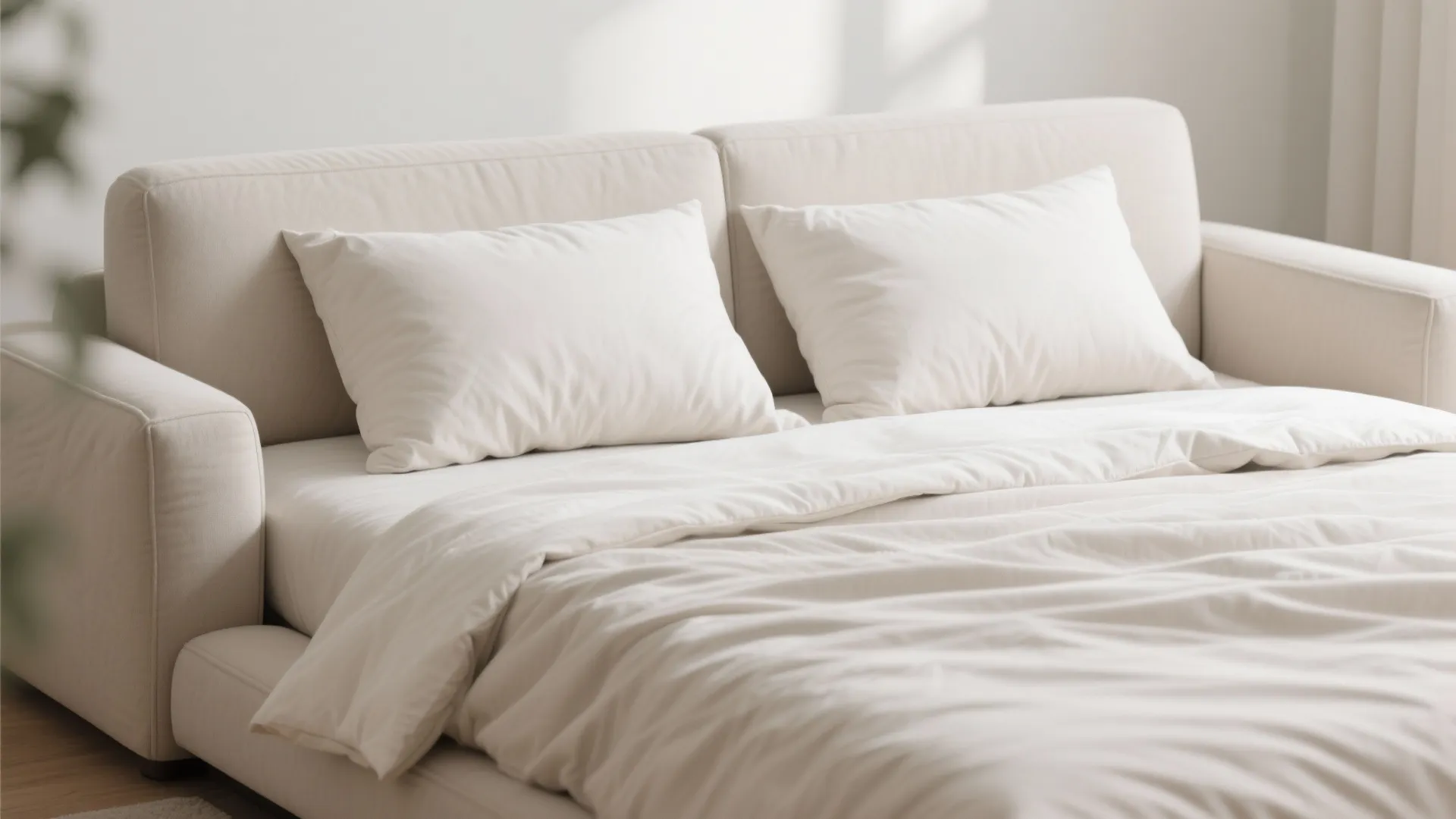 Minimalist light bedding on sleeper sofa
