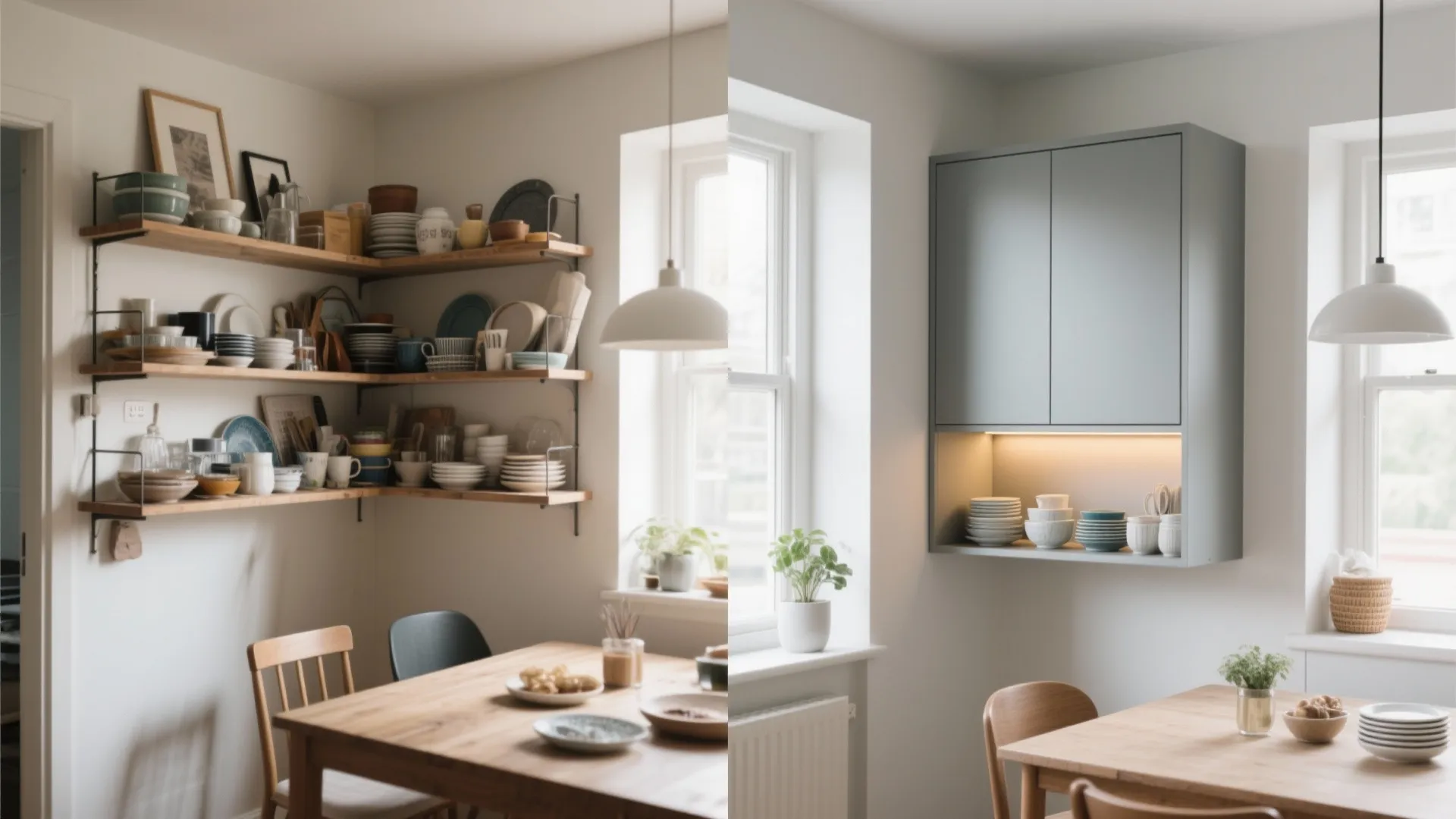 Before and after comparison showing messy open wall shelves versus a neat grey wall cabinet