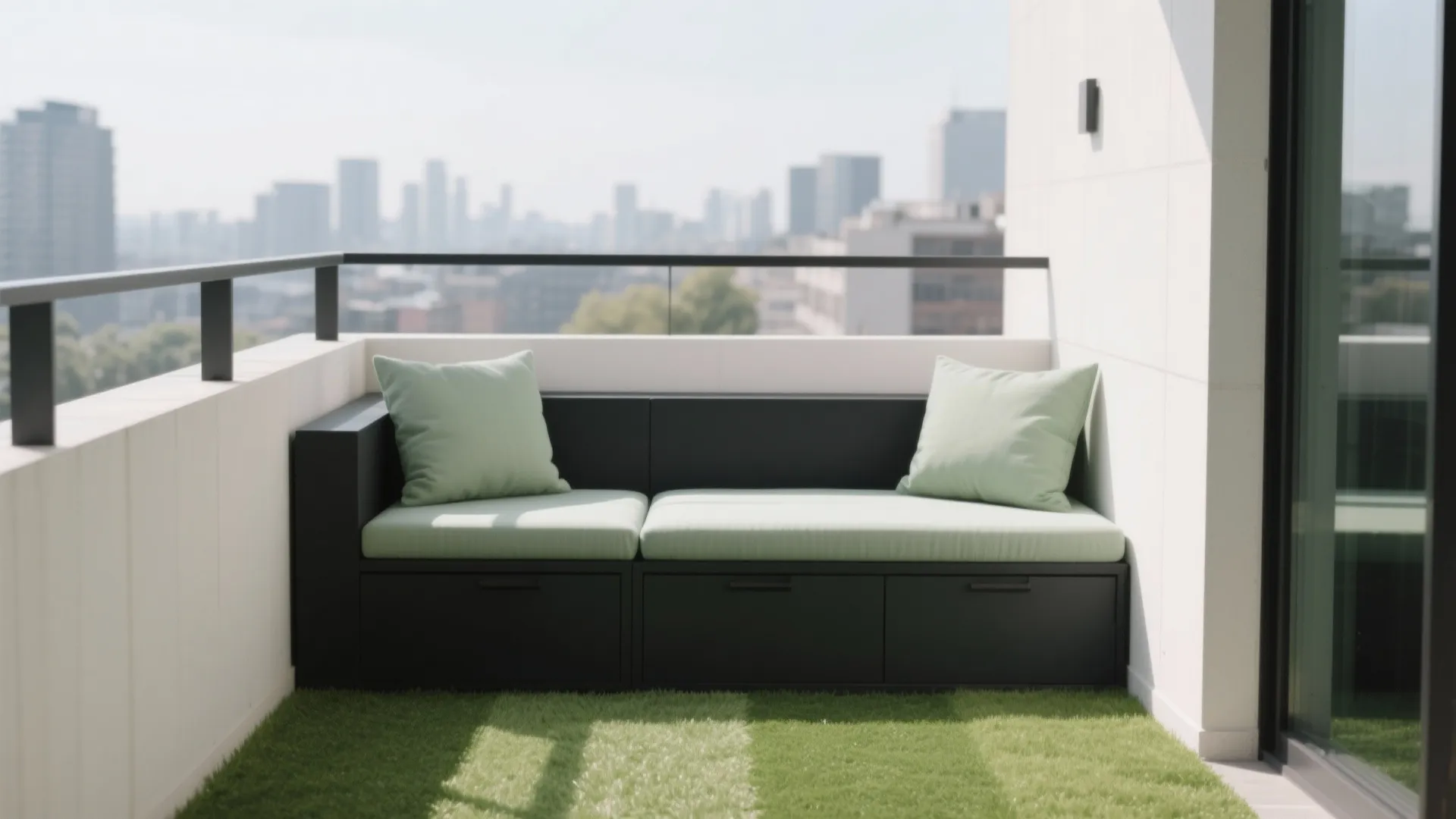 Minimalist turf + bench storage (clean lines, maximum function)