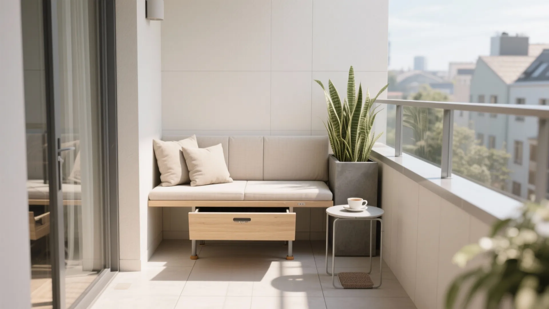 Minimalist balcony corner bench with hidden storage and vertical planters in soft daylight.