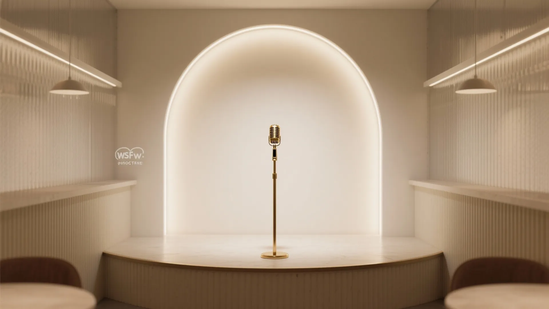 Minimalist indoor stage with gold microphone white arched background light fixtures and vertical wall panels