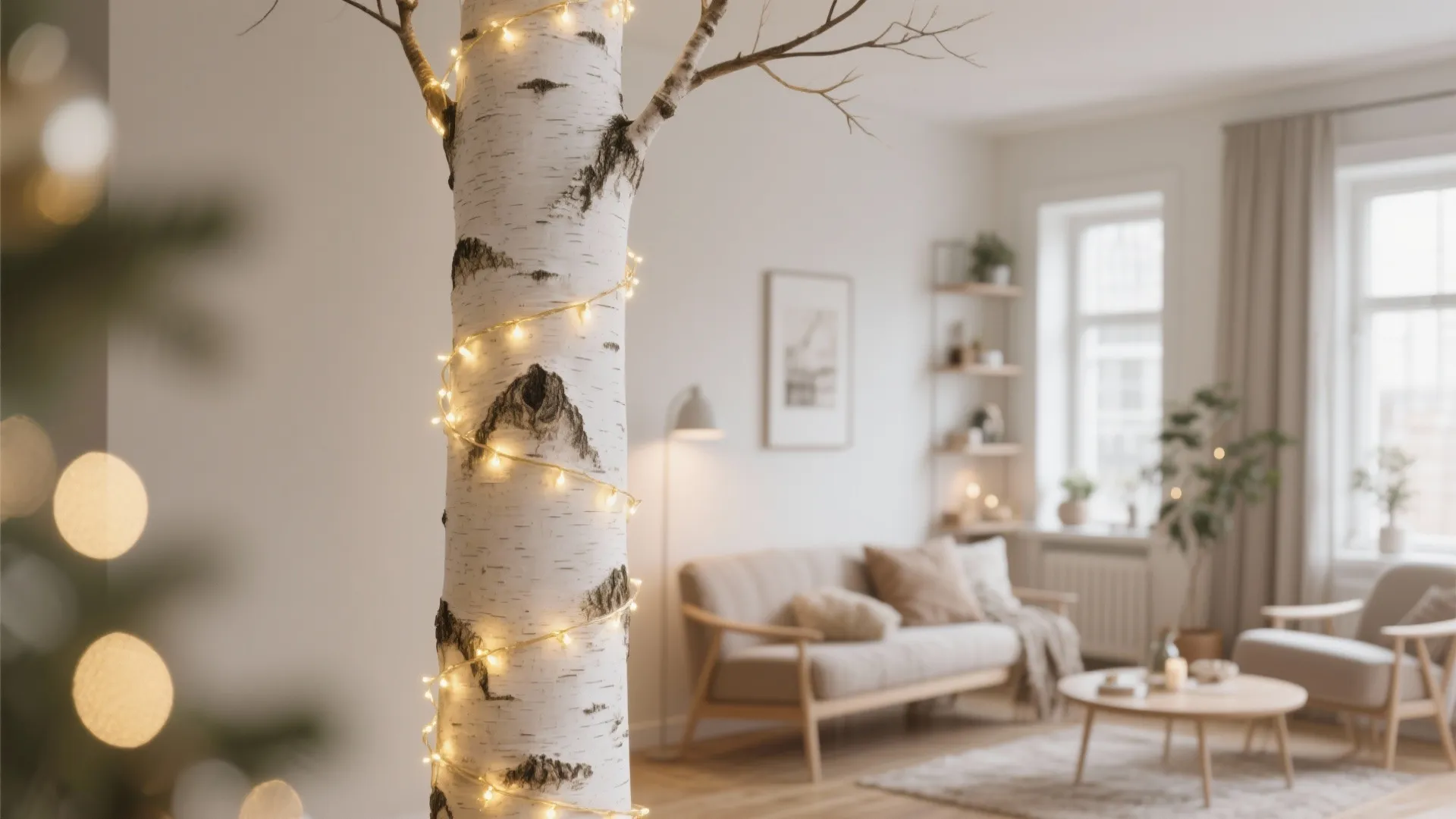 1. Minimalist Birch Tree with Warm Fairy Lights