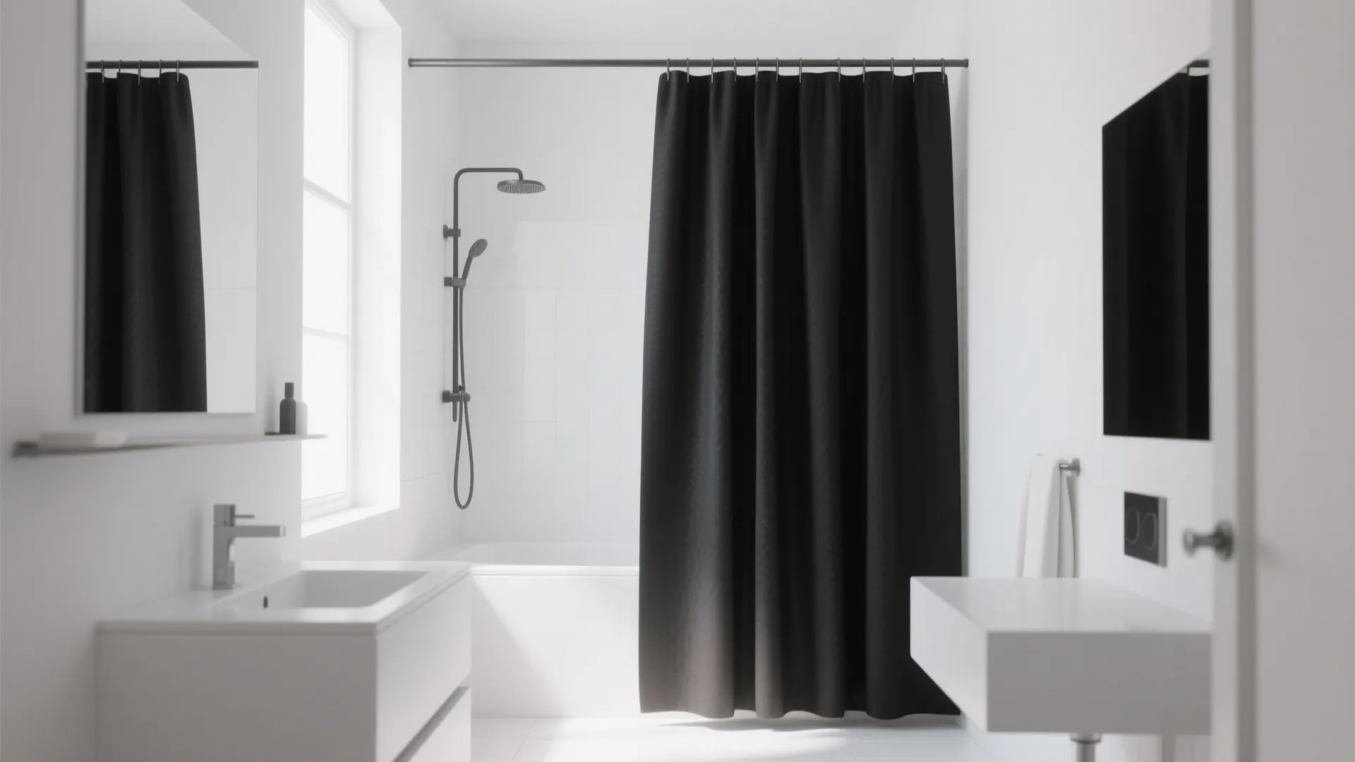 Minimalist white bathroom with black curtain bathtub white vanity mirror and window in bright light
